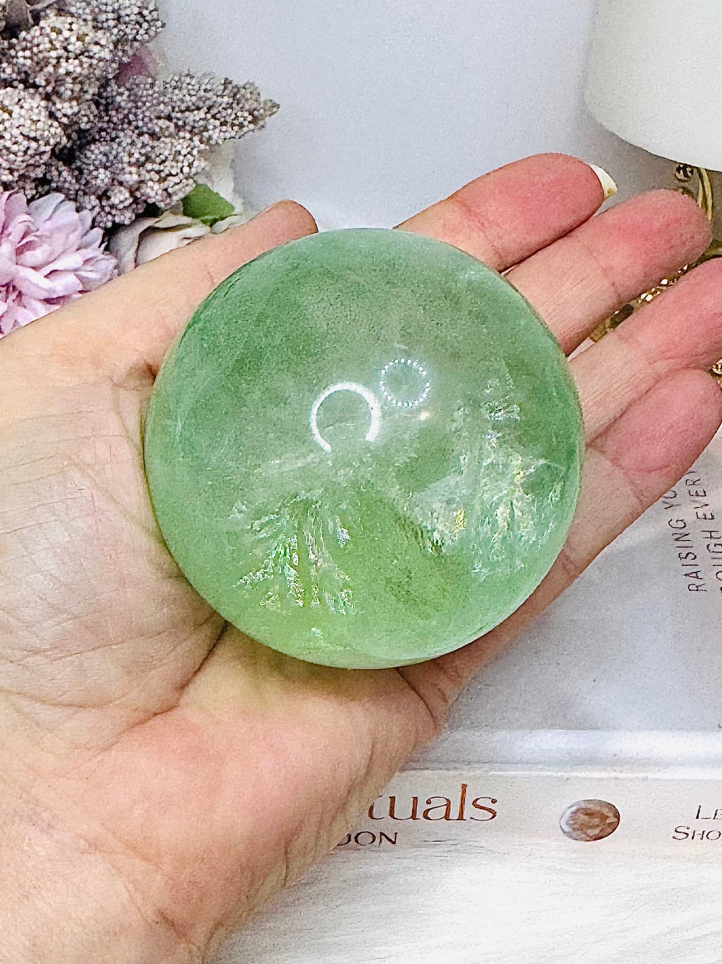 Green Fluorite Sphere with Rainbows On Stand 444g