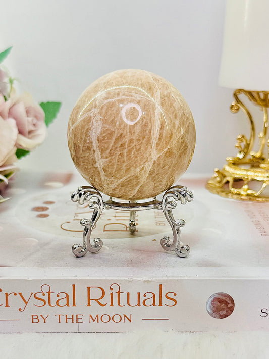 Peach Moonstone Sphere with Flash on Stand 223g