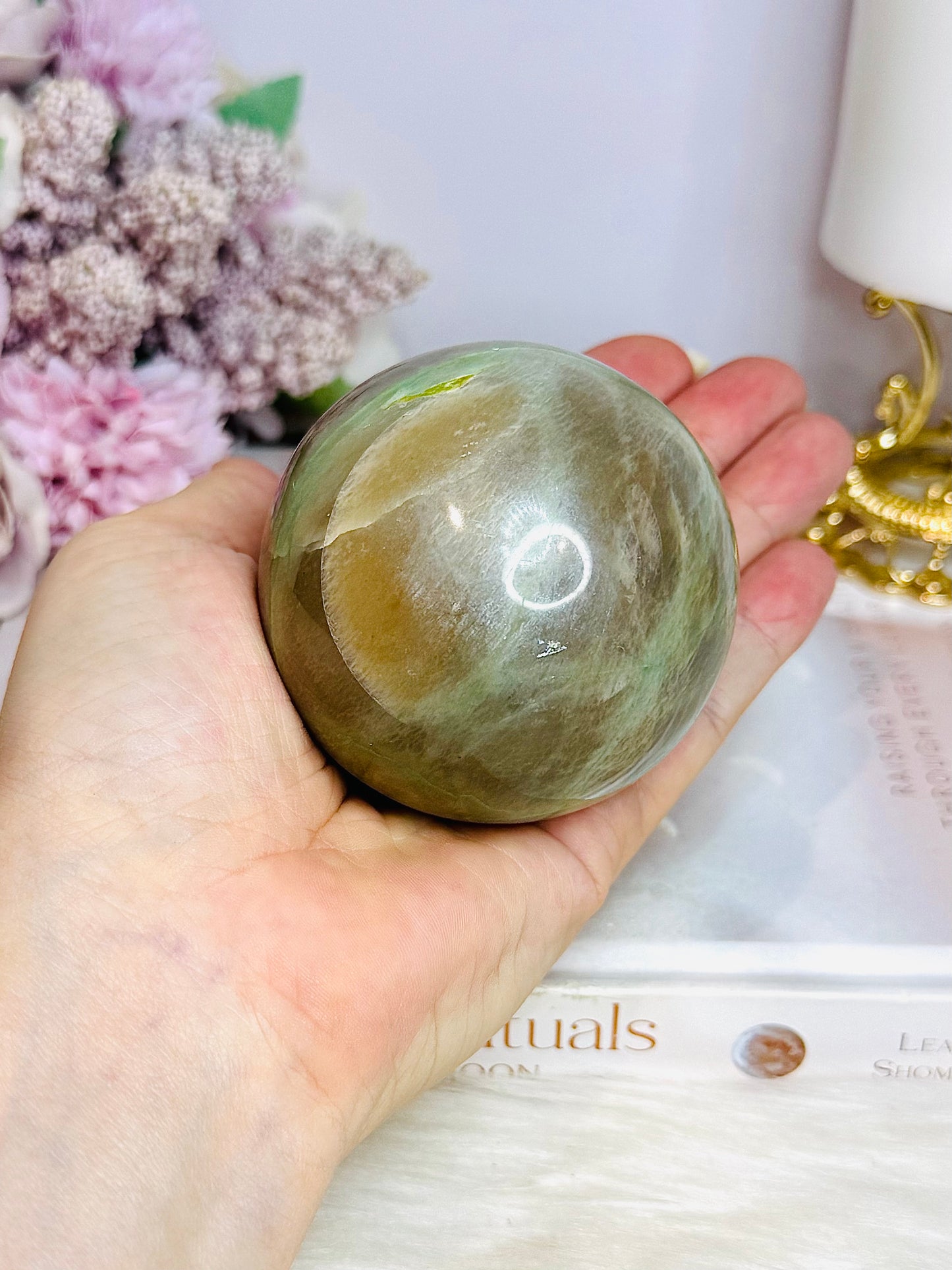 Large Green Moonstone Sphere on Timber Stand 383g