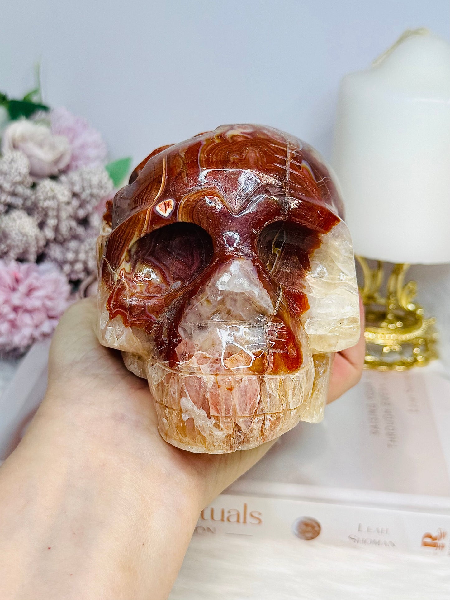Large Carnelian Carved Skull 1.2KG 12.5cm ~ Discounted as it does not stand straight and needs the stand under the side to keep it up