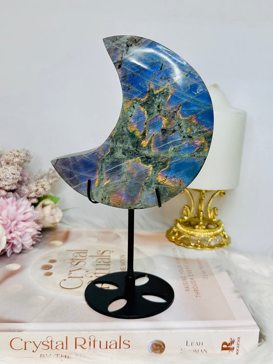 High Grade Large Labradorite Carved Moon Full of Flash 19.5cm