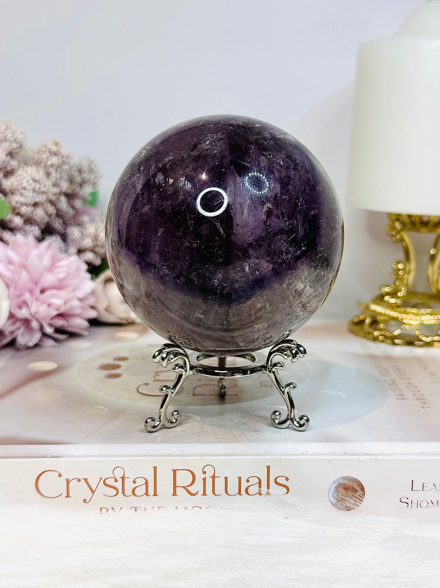 Large High Grade Phantom Amethyst Sphere with Rainbows On Stand 665g