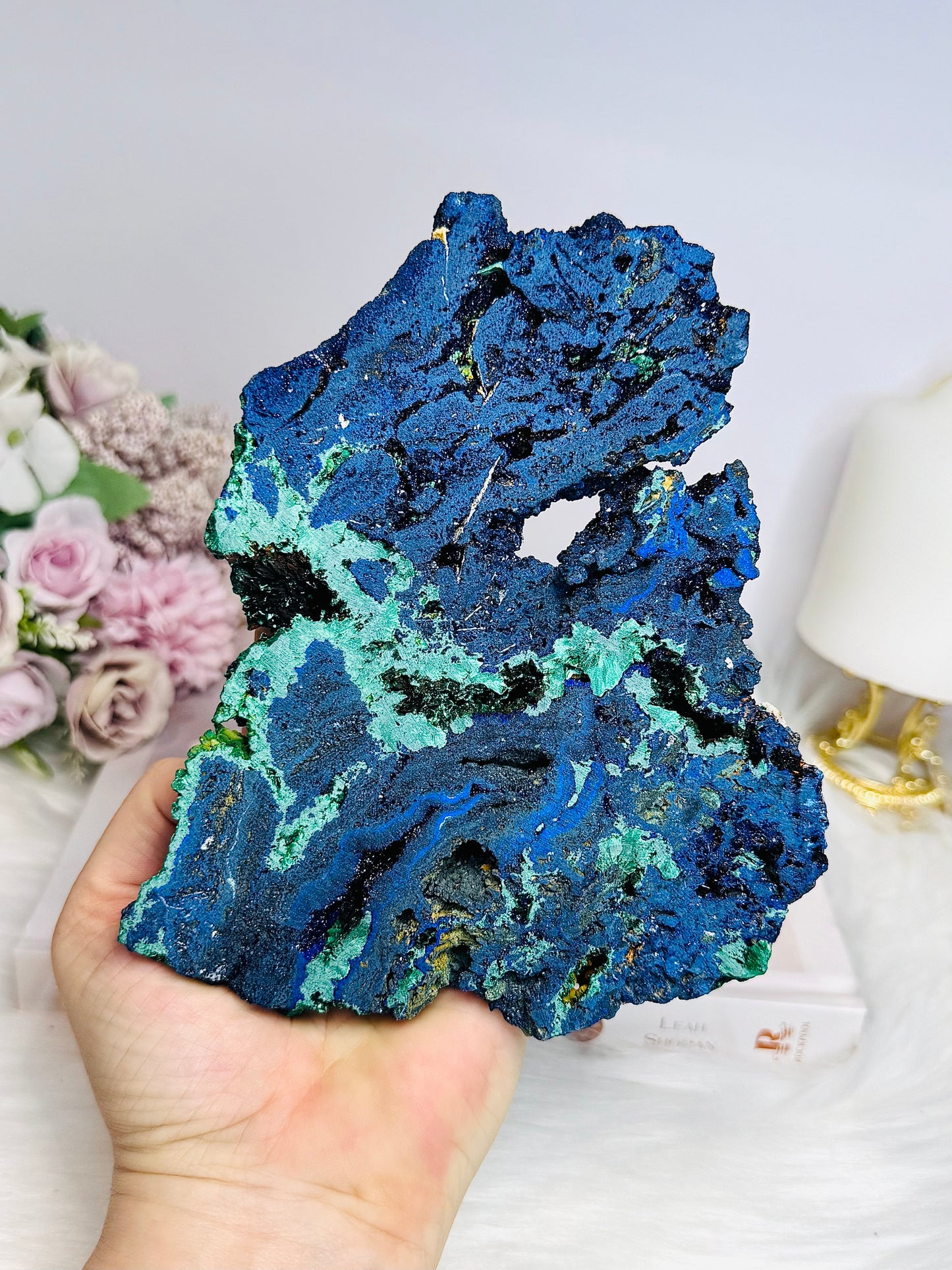High Grade Azurite Slab with Malachite Inclusions on Stand 16cm 508g