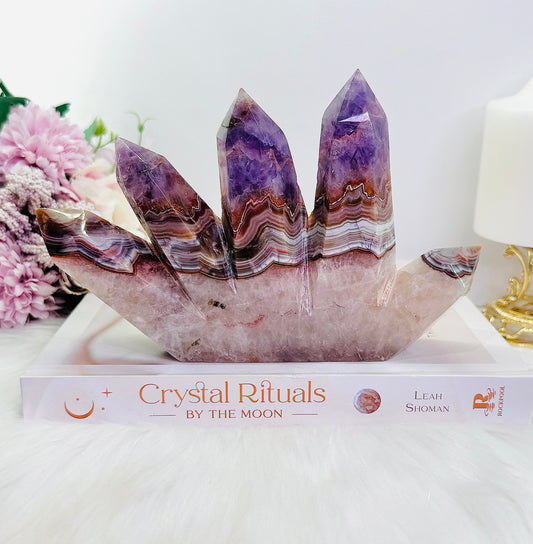 Incredible & Absolutely Gorgeous Large 20cm (length) Amethyst X Mexican Lace Agate 4 Point Tower Just Spectacular