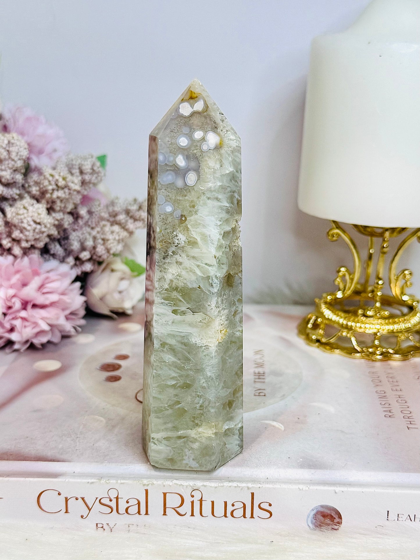 High Grade Large Green Flower Agate Tower 12.5cm