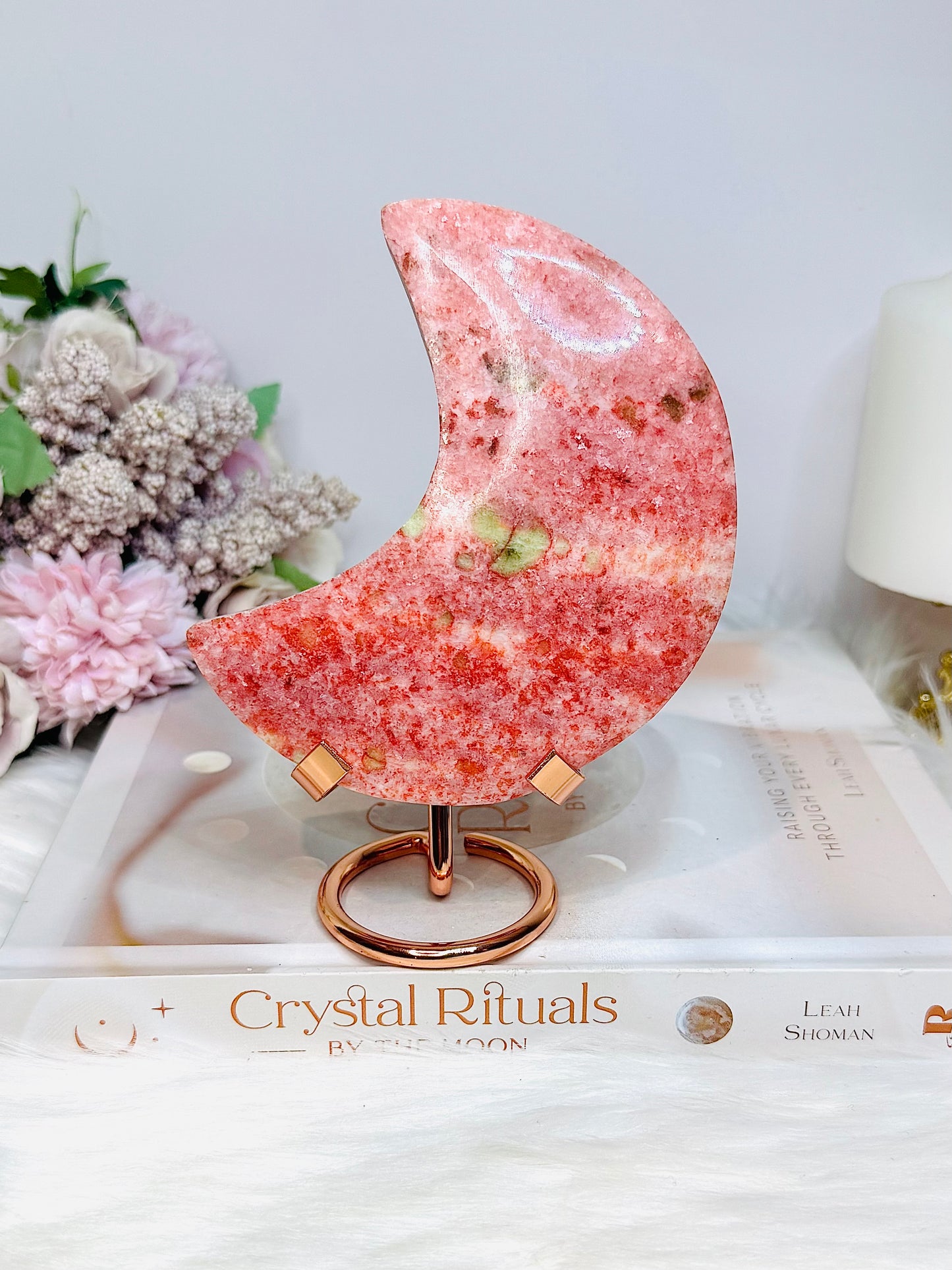 Large Rare Thulite with Epidote Carved Moon on Stand 377g