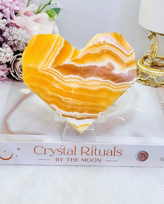 Promotes Positive Energy ~ Gorgeously Carved 10cm Orange Calcite Heart On Stand
