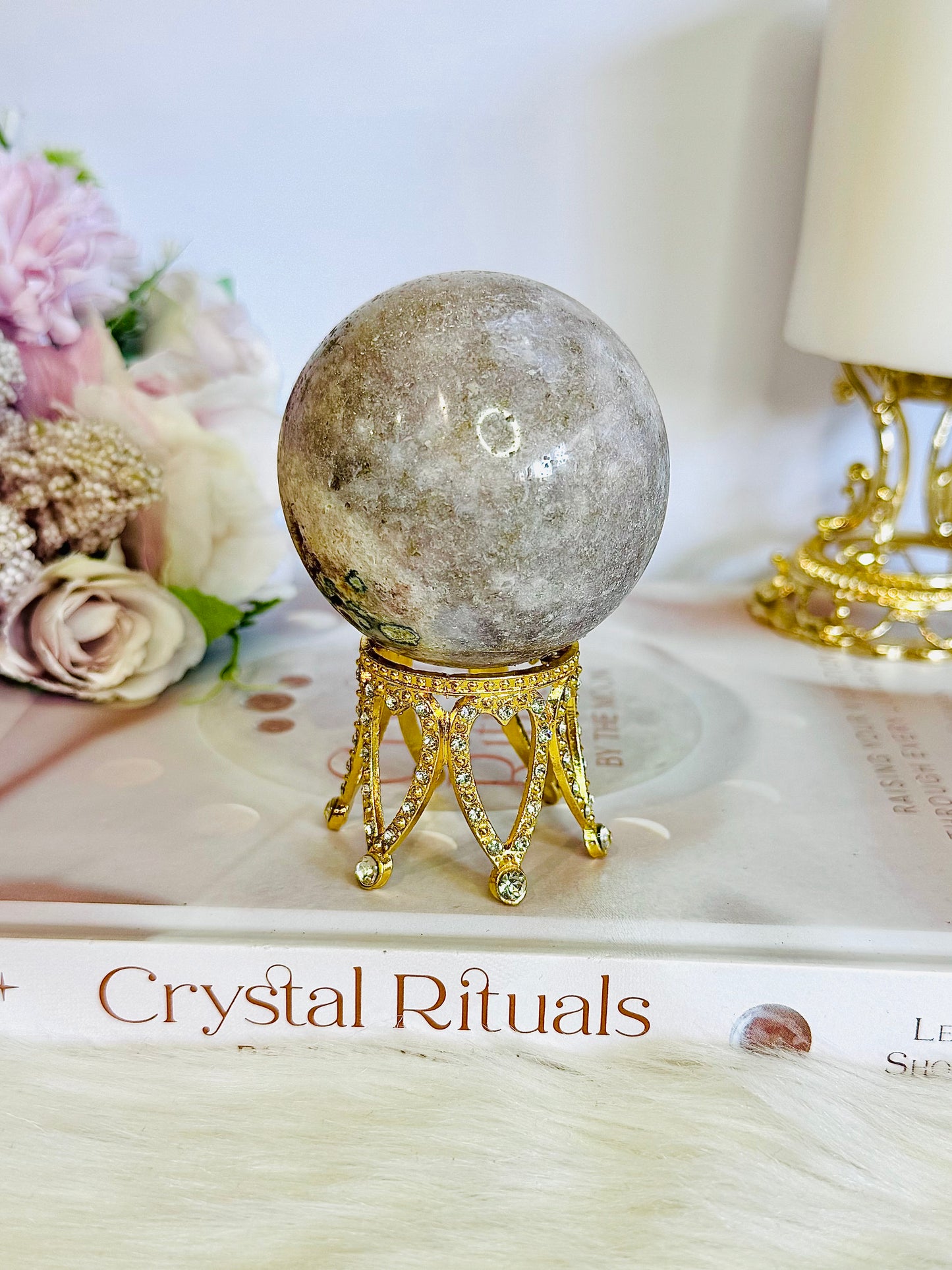 Natural Pink Amethyst Carved Sphere with Green Jasper Druzy on Gold Crown Stand