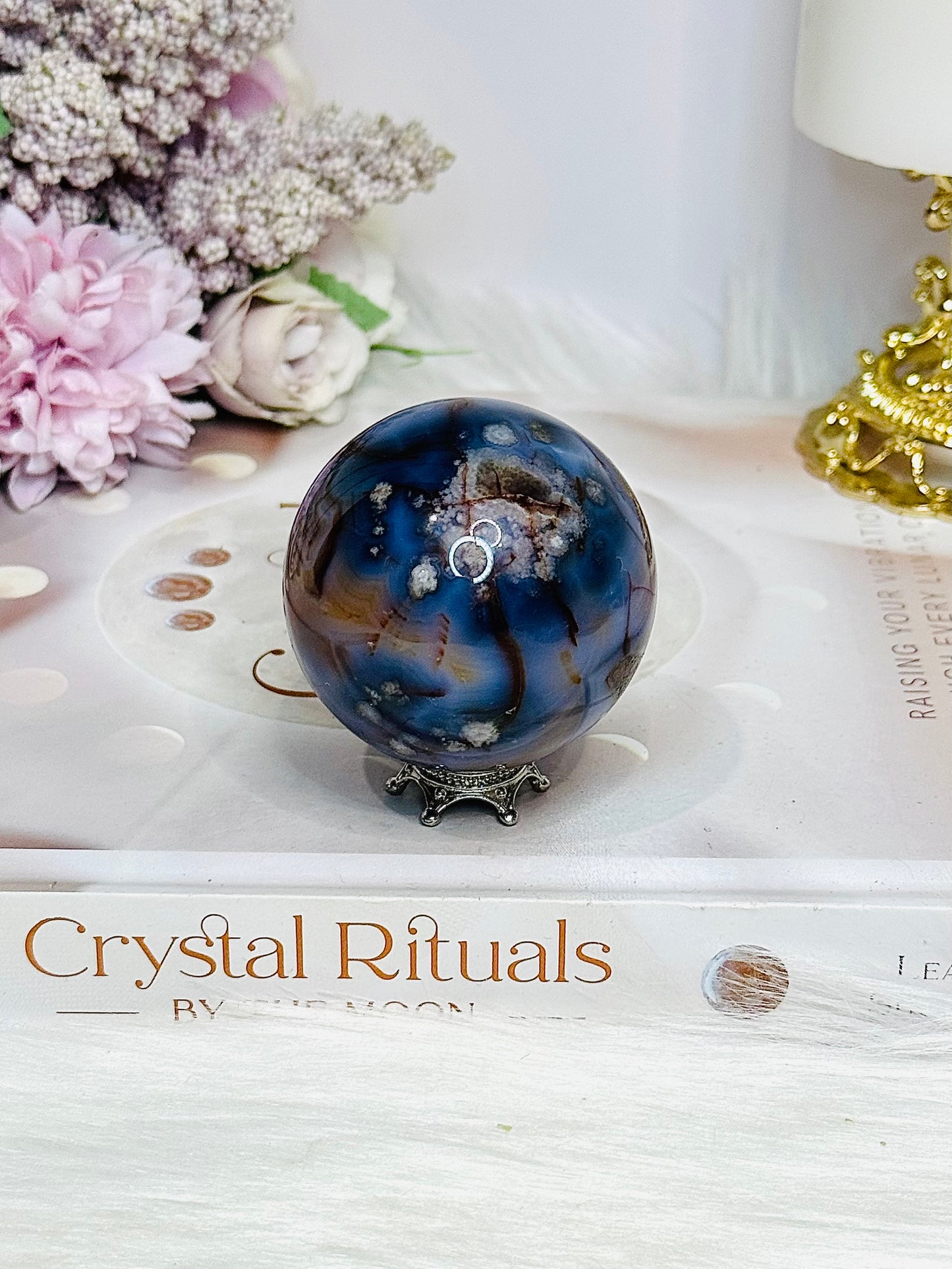 Blue Flower Agate Sphere on Stand 172g
