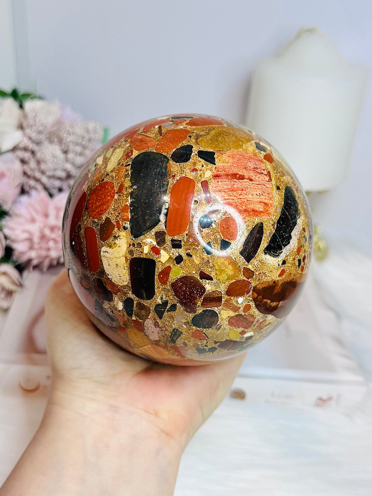 Huge Natural Pudding Stone Sphere on Stand 1.4KG