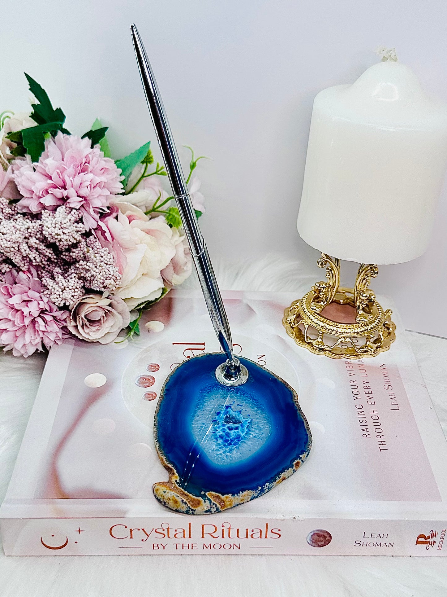 Transforms Negative to Positive ~ Perfect Desk Accessory ~ Gorgeous Blue Agate Slab Pen Holder