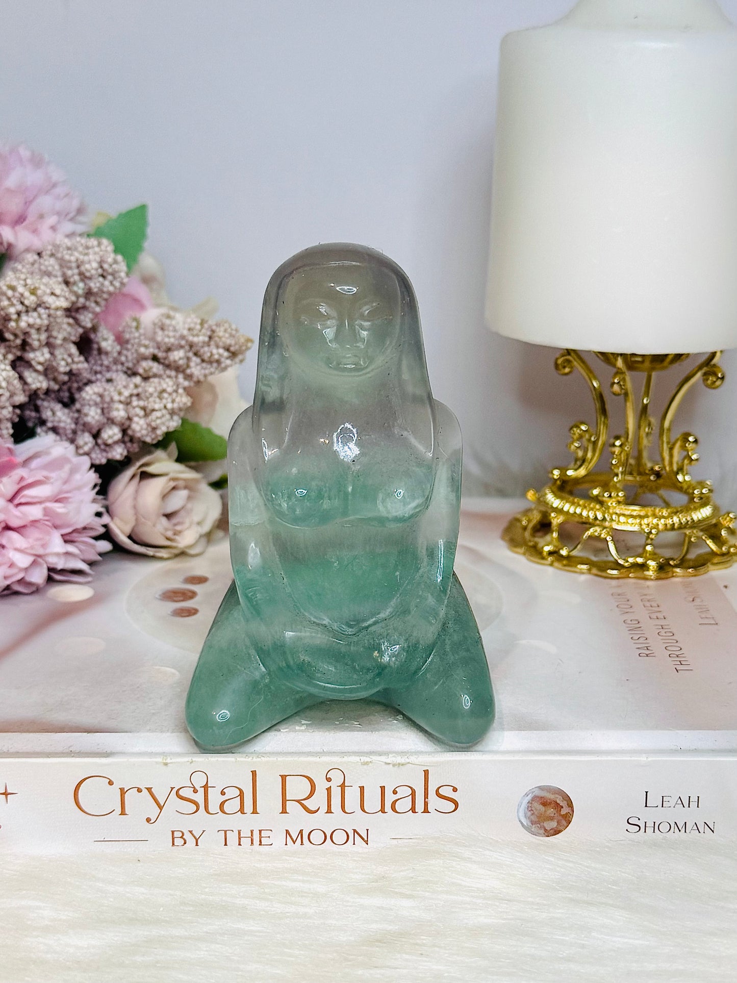 Large Mother Earth Fluorite Carving (chip on back foot) 10cm 396g