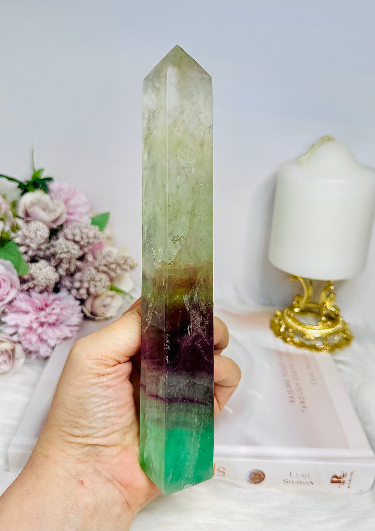 Tall Watermelon Fluorite Tower 21cm with Rainbows