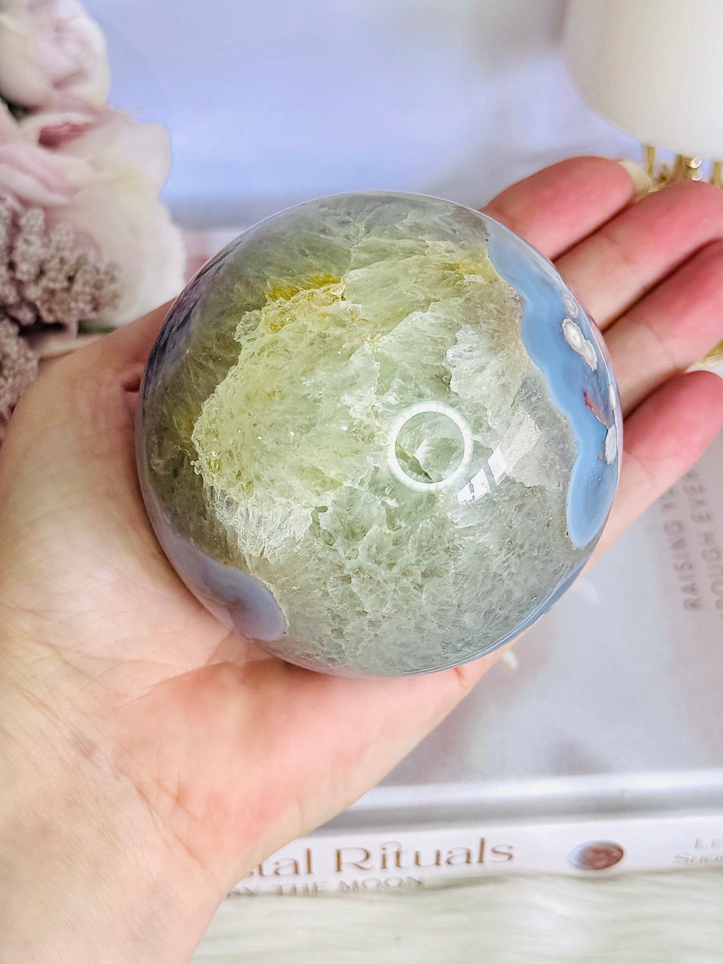 Rare & Incredible Large Green & Blue Flower Agate Sphere On Stand 671grams