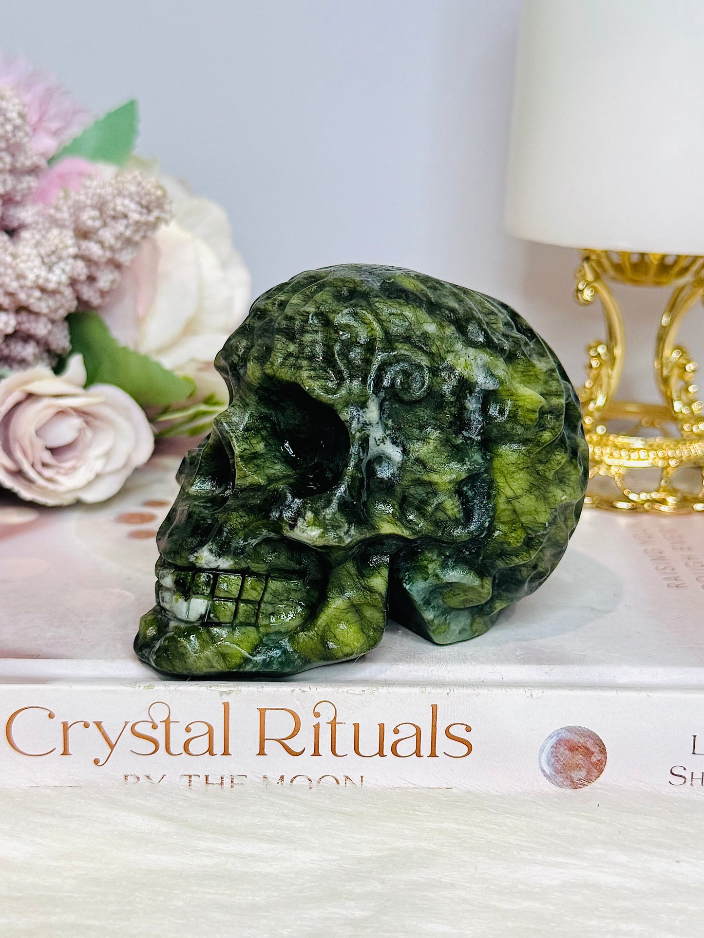 Green Jade Filigree Carved Skull 9cm
