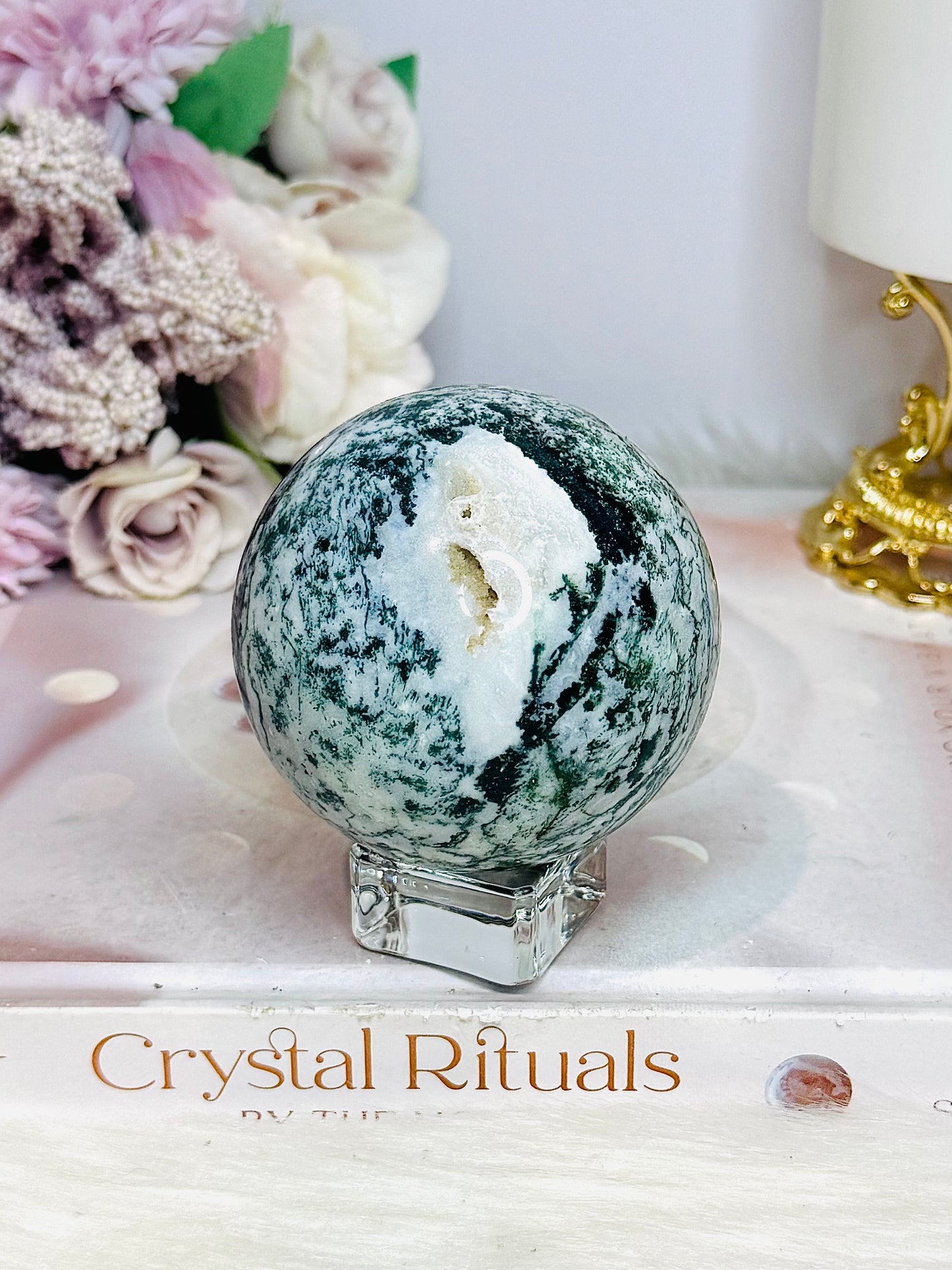 Large Moss Agate Druzy Sphere On Stand 344g