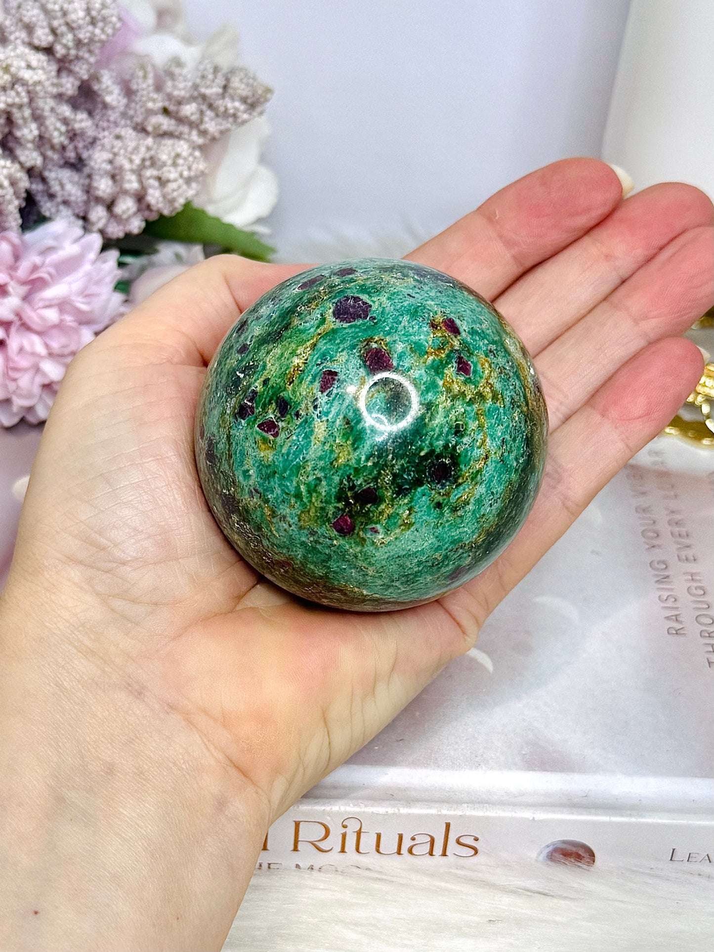 Large Ruby Fuchsite Sphere on Stand UV Reactive 422g