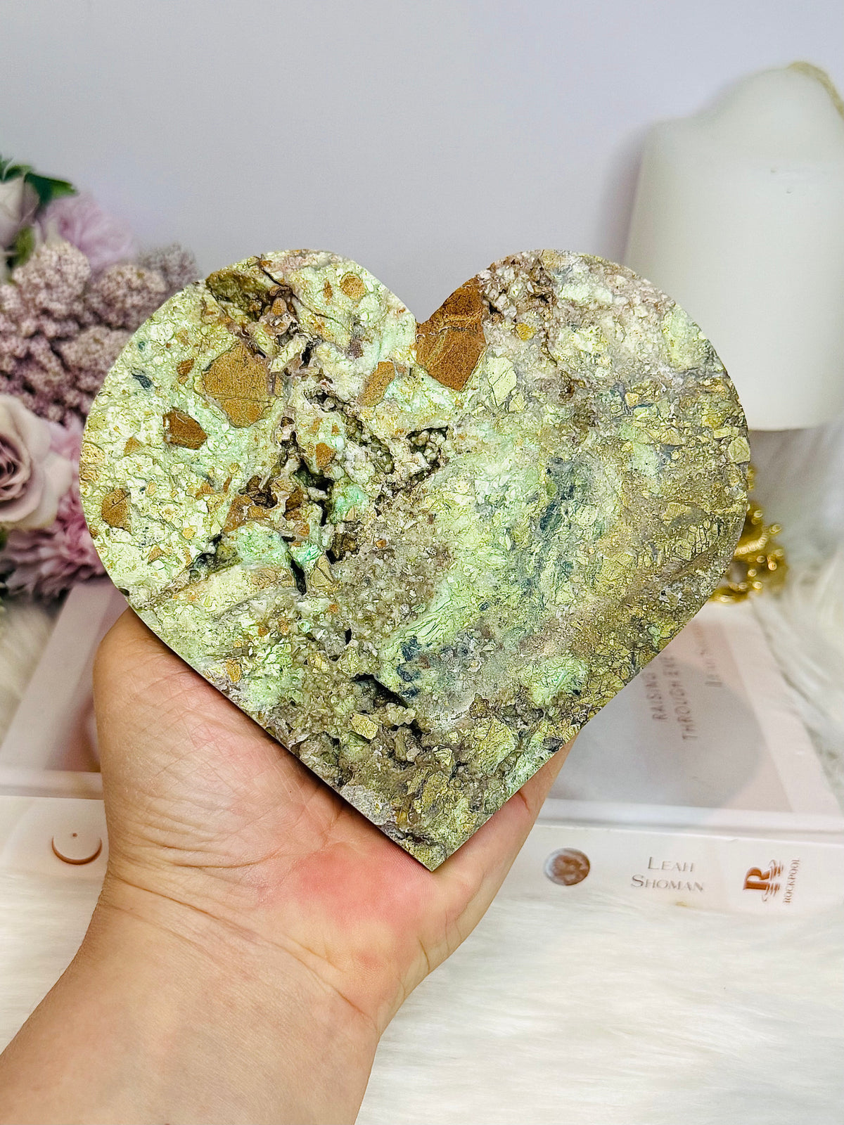 Large Natural Variscite Druzy Carved Heart on Stand 12cm