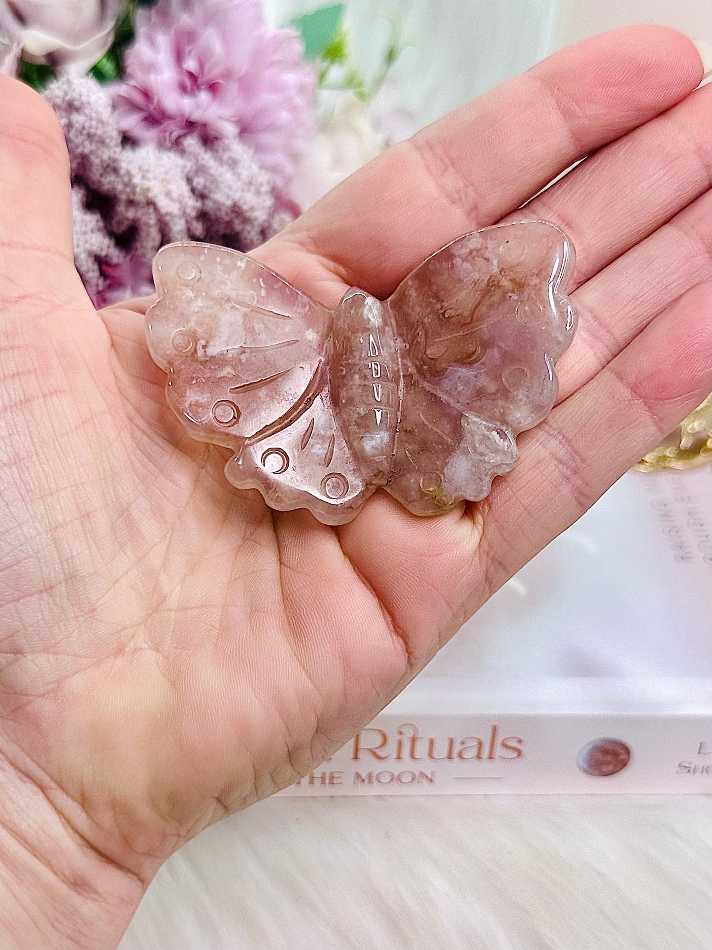 Pretty Flower Agate Carved Butterfly
