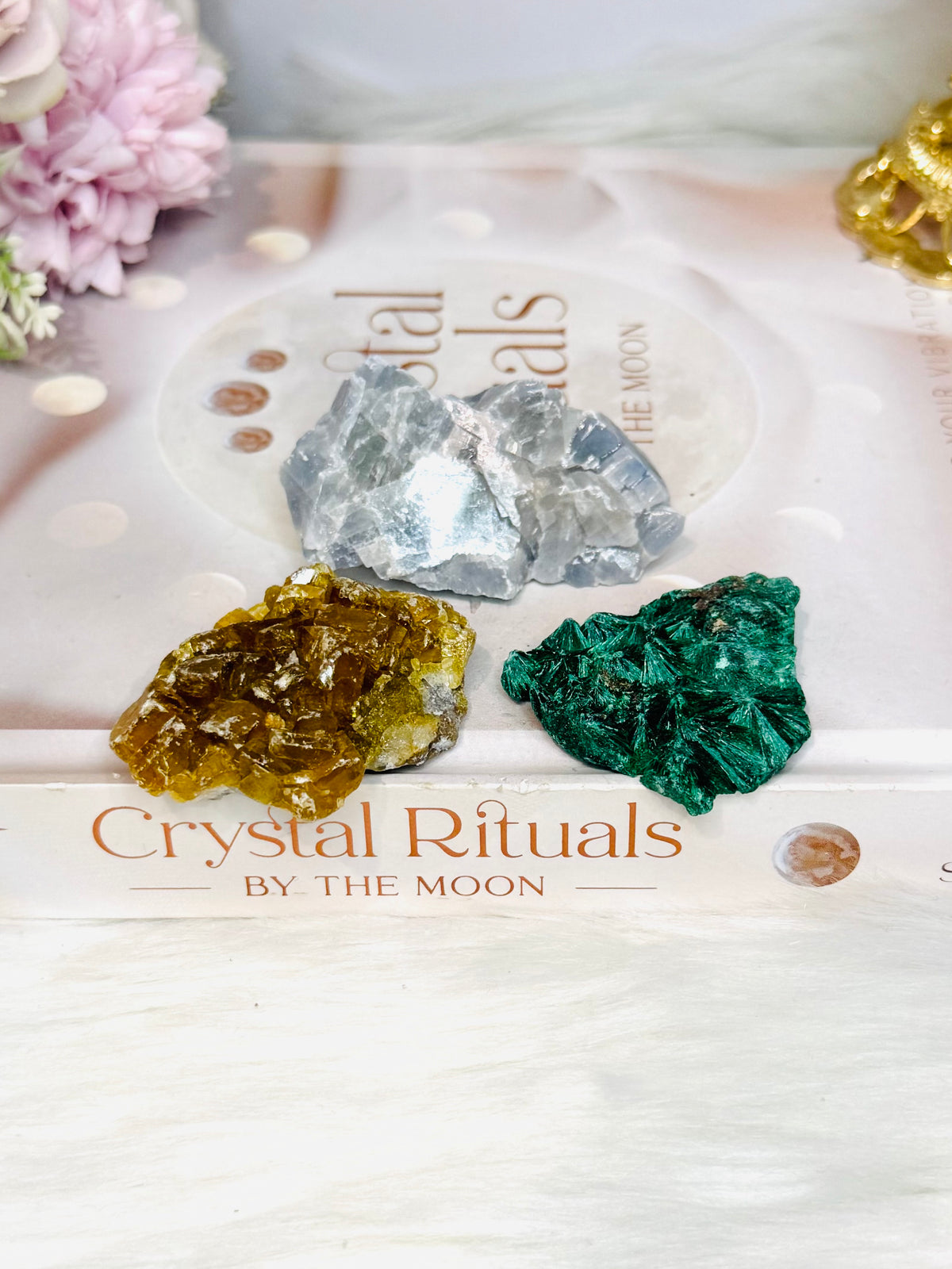 Set of 3 Specimen ~ Blue Calcite, Golden Healer & Velvet Malachite