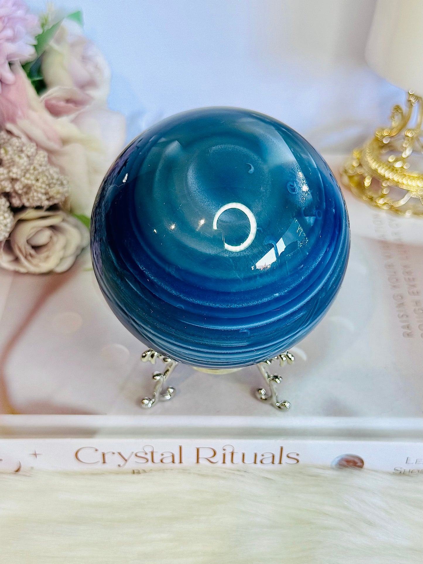 Gorgeous Large 702gram Blue Agate (dyed) Sphere On Stand