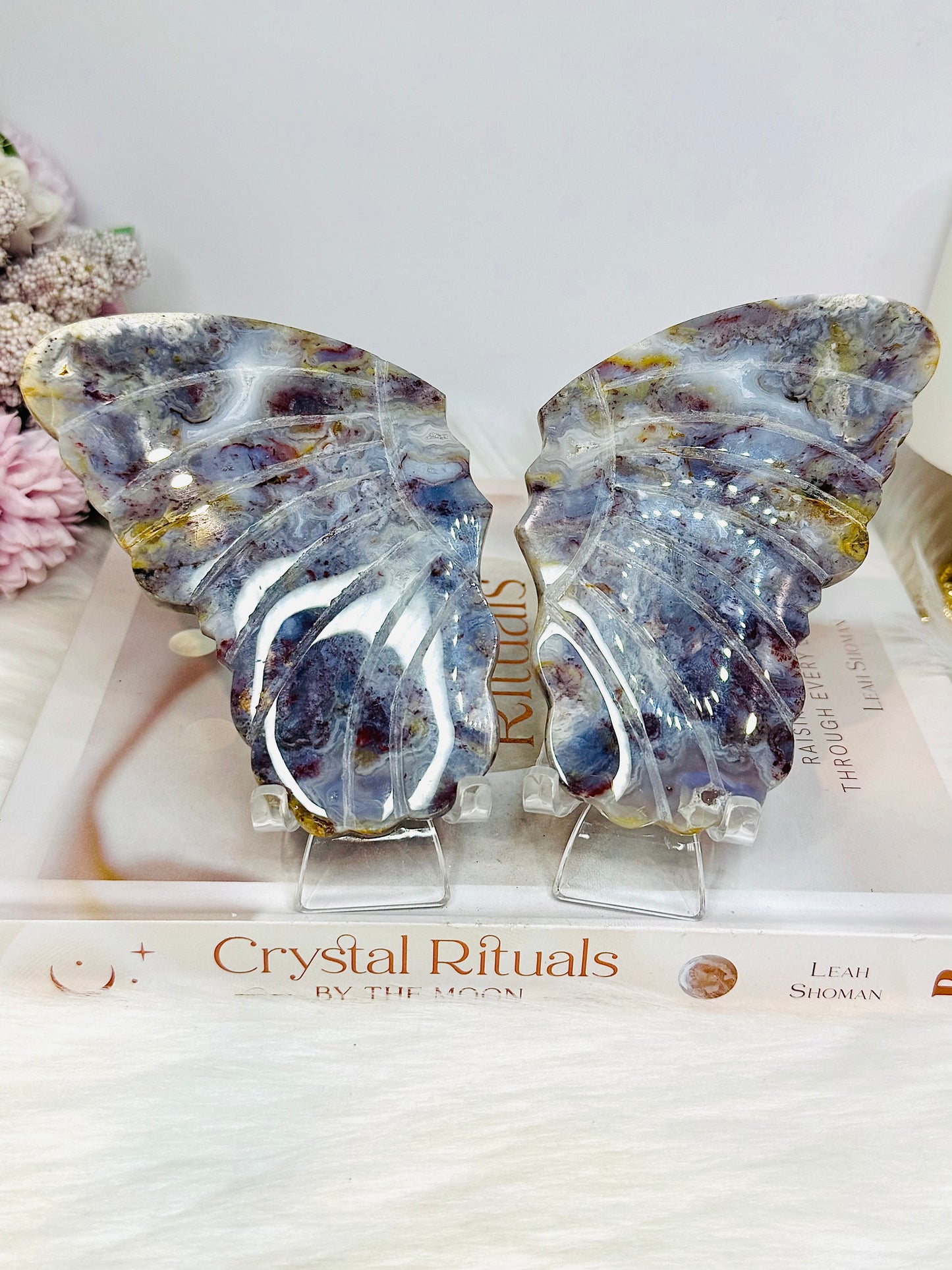 Colourful Agate Carved Butterfly Wings 12.5cm On Stand