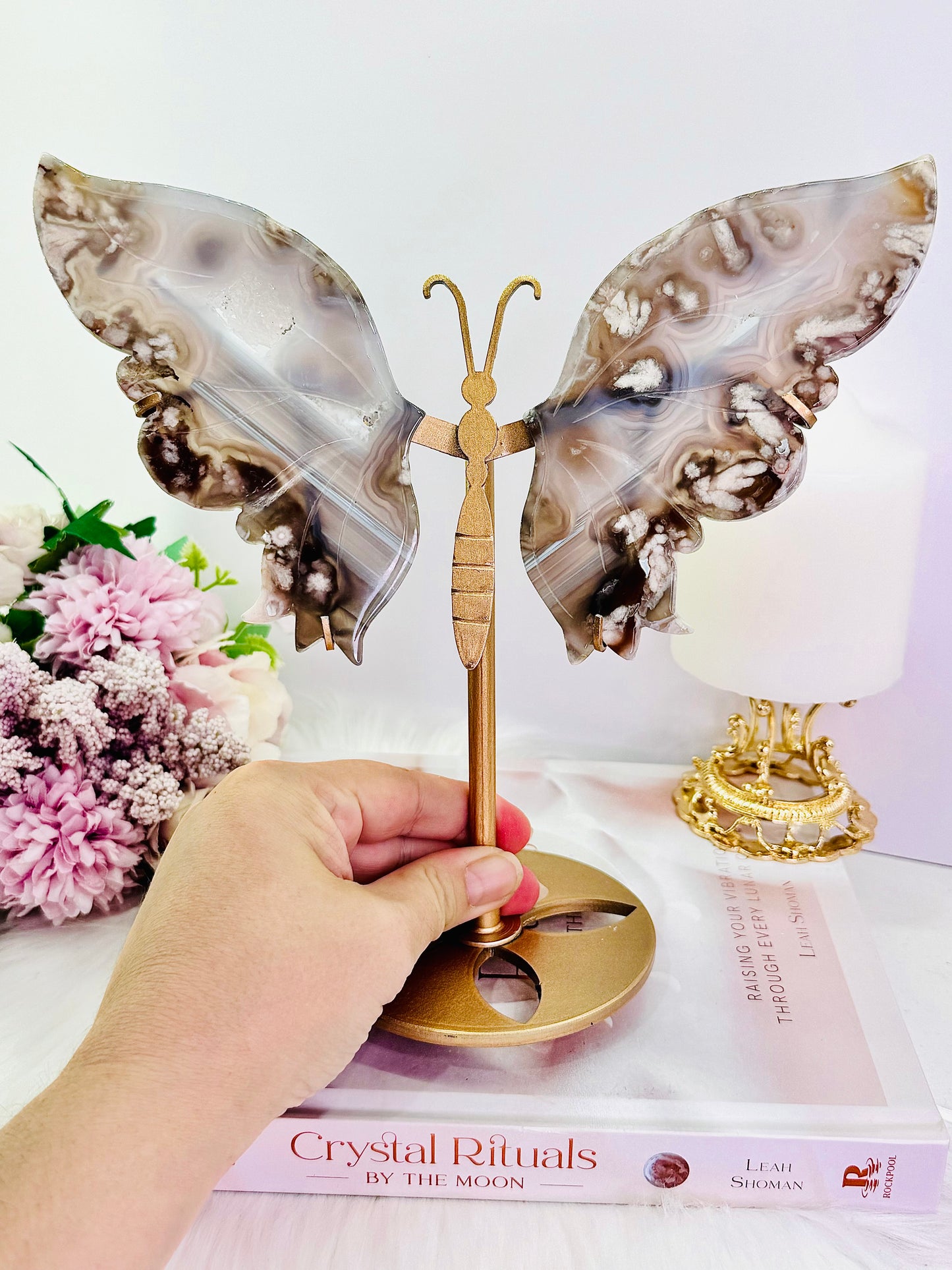 Wow!!! Stunning Large 21cm (Inc Stand) Druzy Black Flower Agate Carved Butterfly Wings on Gold Stand