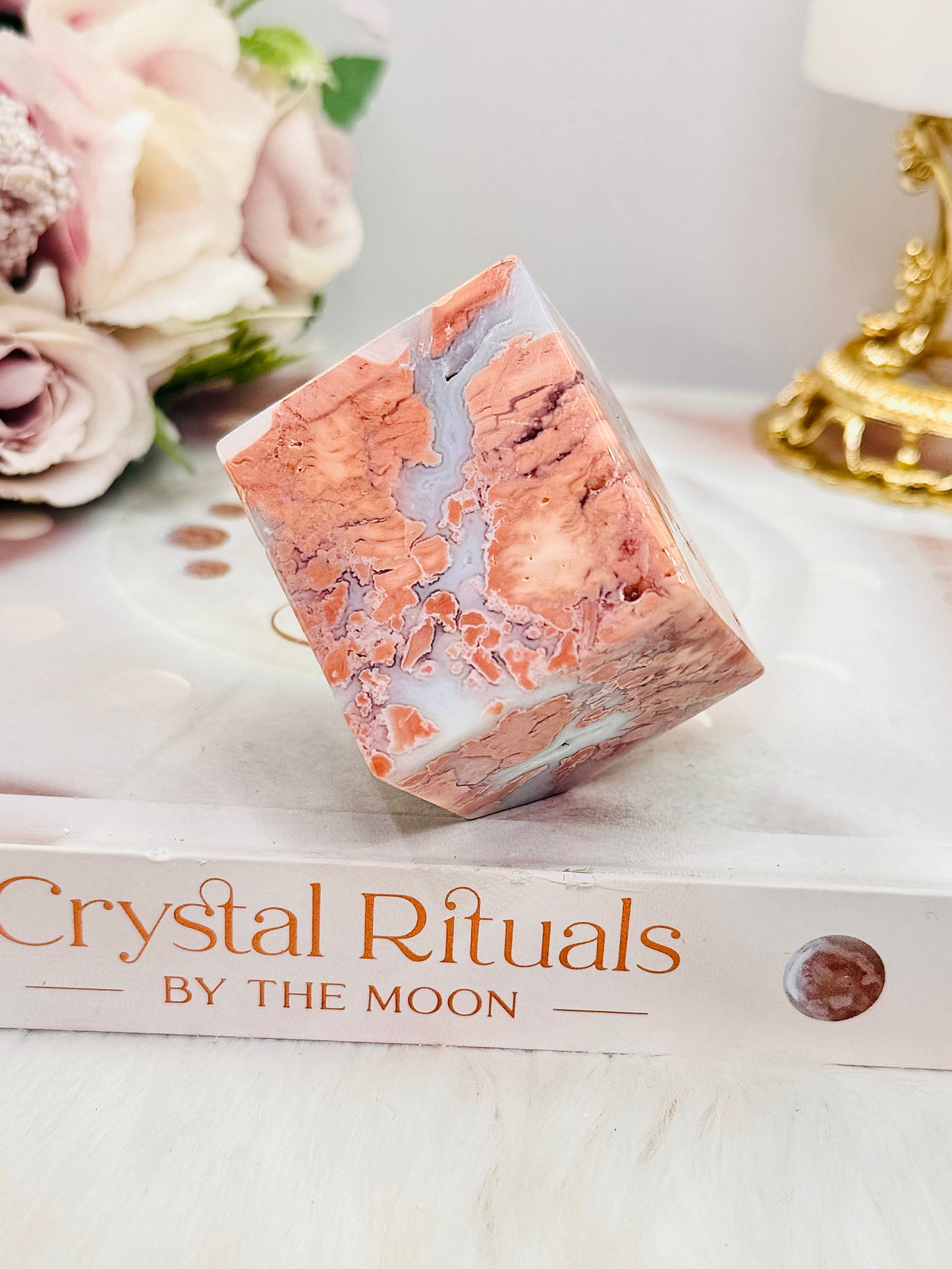 Chunky Small Pink Agate Druzy Carved Cube