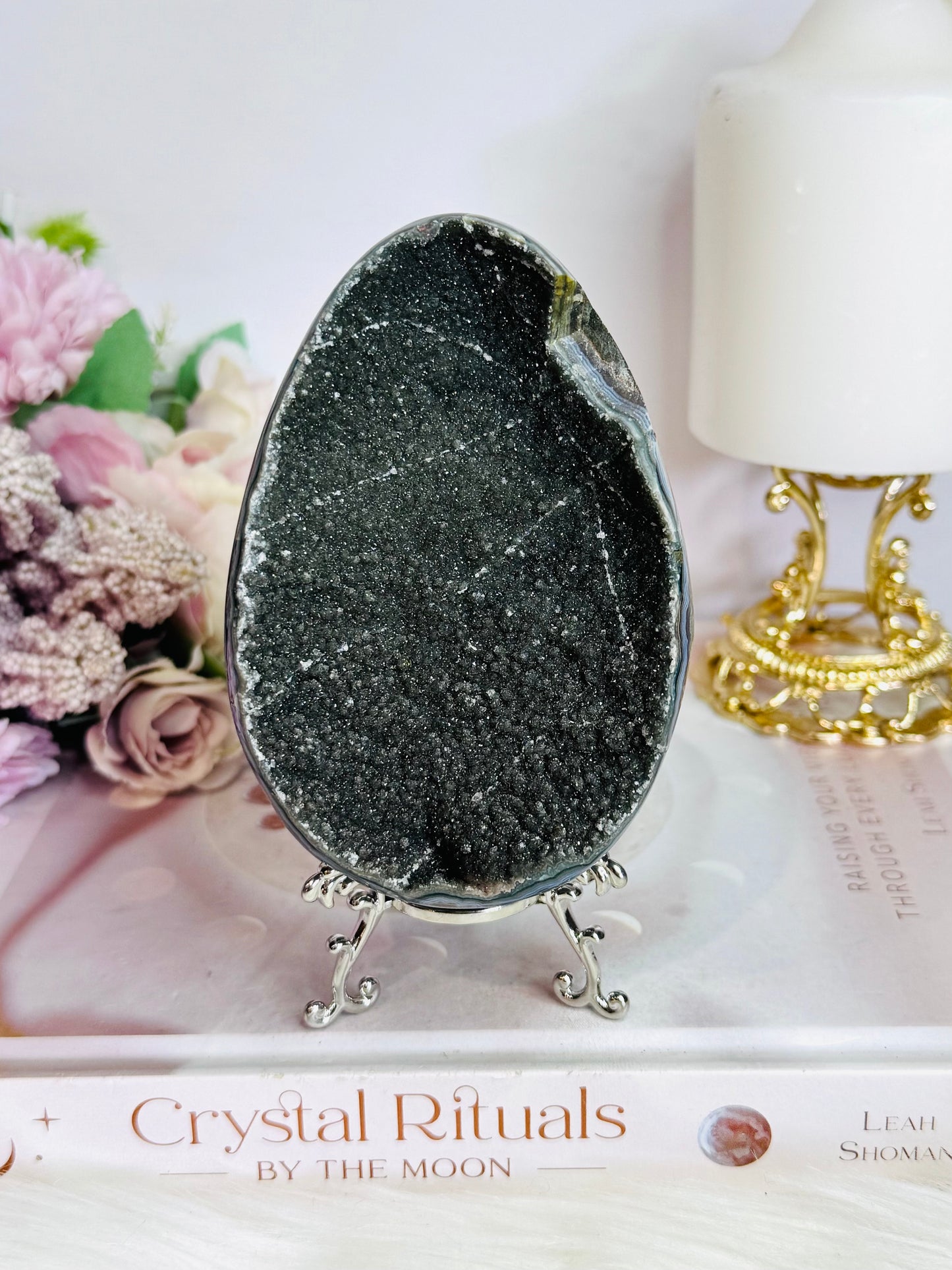 Large Black Amethyst Carved Egg On Stand 534g