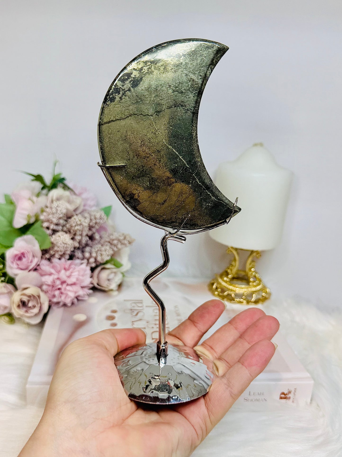 Large Pyrite Carved Moon on Stand 19cm