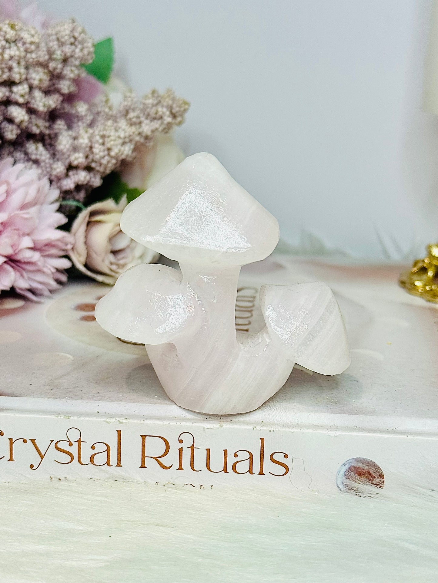 Pink Mangano Calcite Triple Mushroom Carving (UV Reactive)