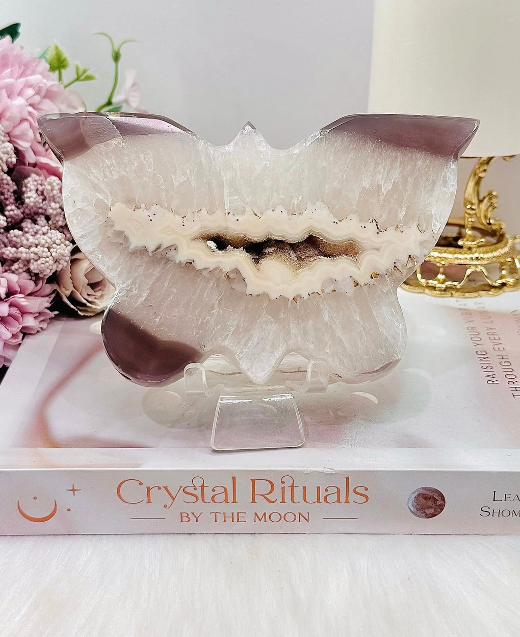 Large 14cm Druzy Agate Butterfly Carving On Stand From Brazil