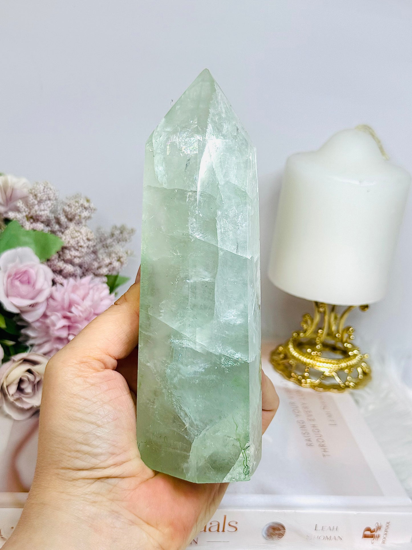 Large Green Fluorite Tower with Rainbows 15.5cm 650g