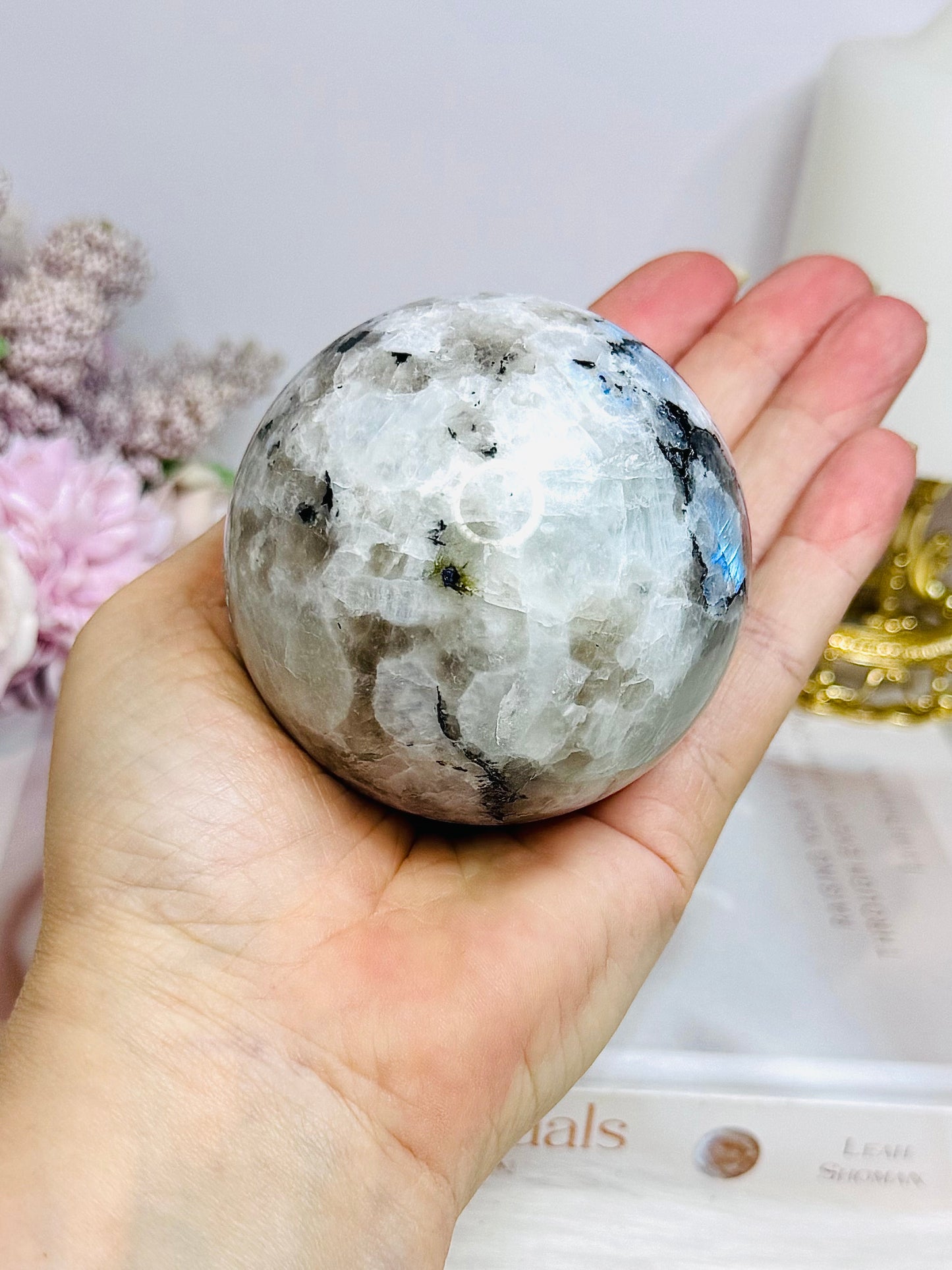 Large Rainbow Moonstone Sphere with Blue Flash 464g