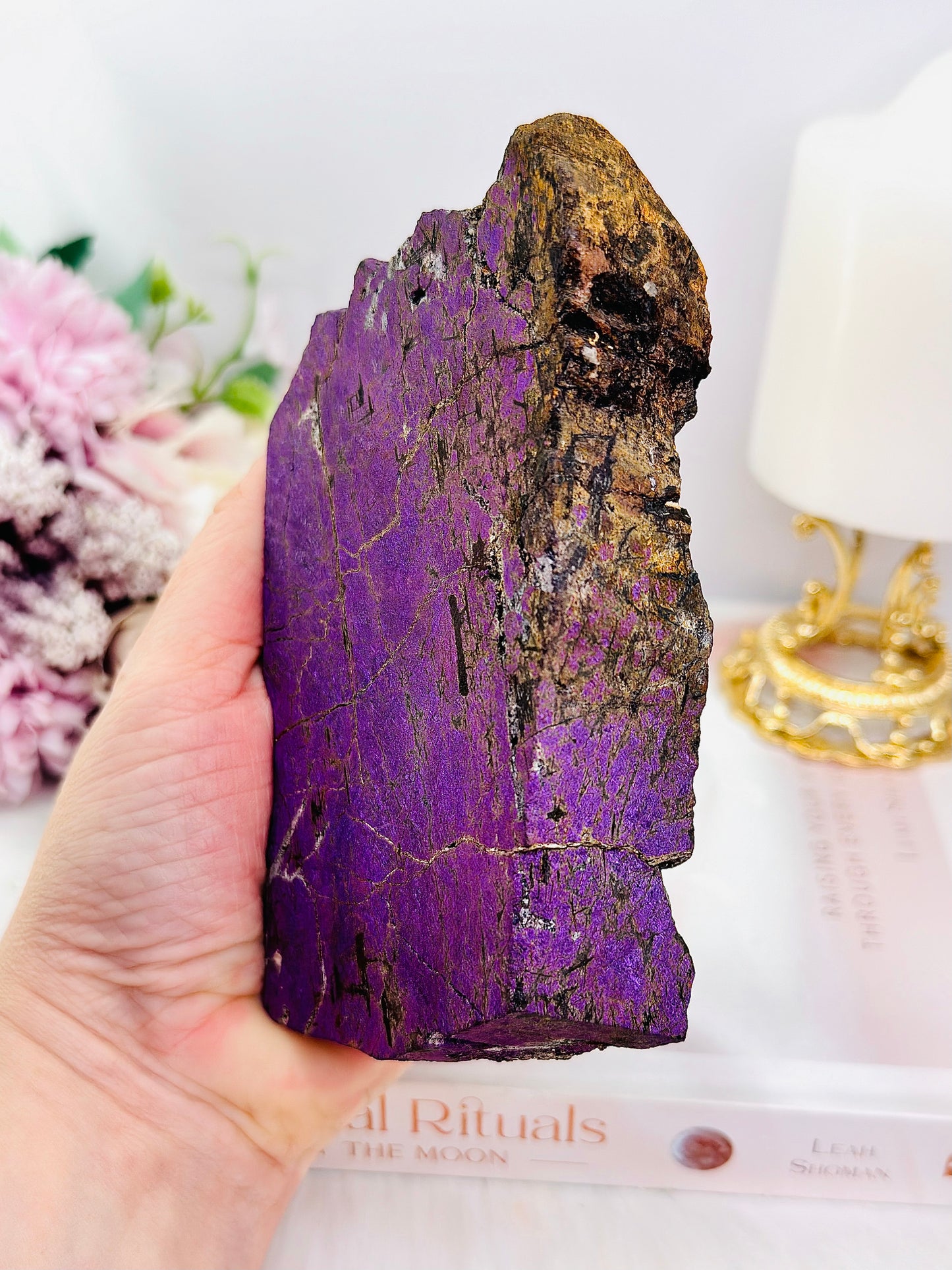 Incredible Rare Natural Velvet Purpurite Large Slab On Gold Stand 578grams