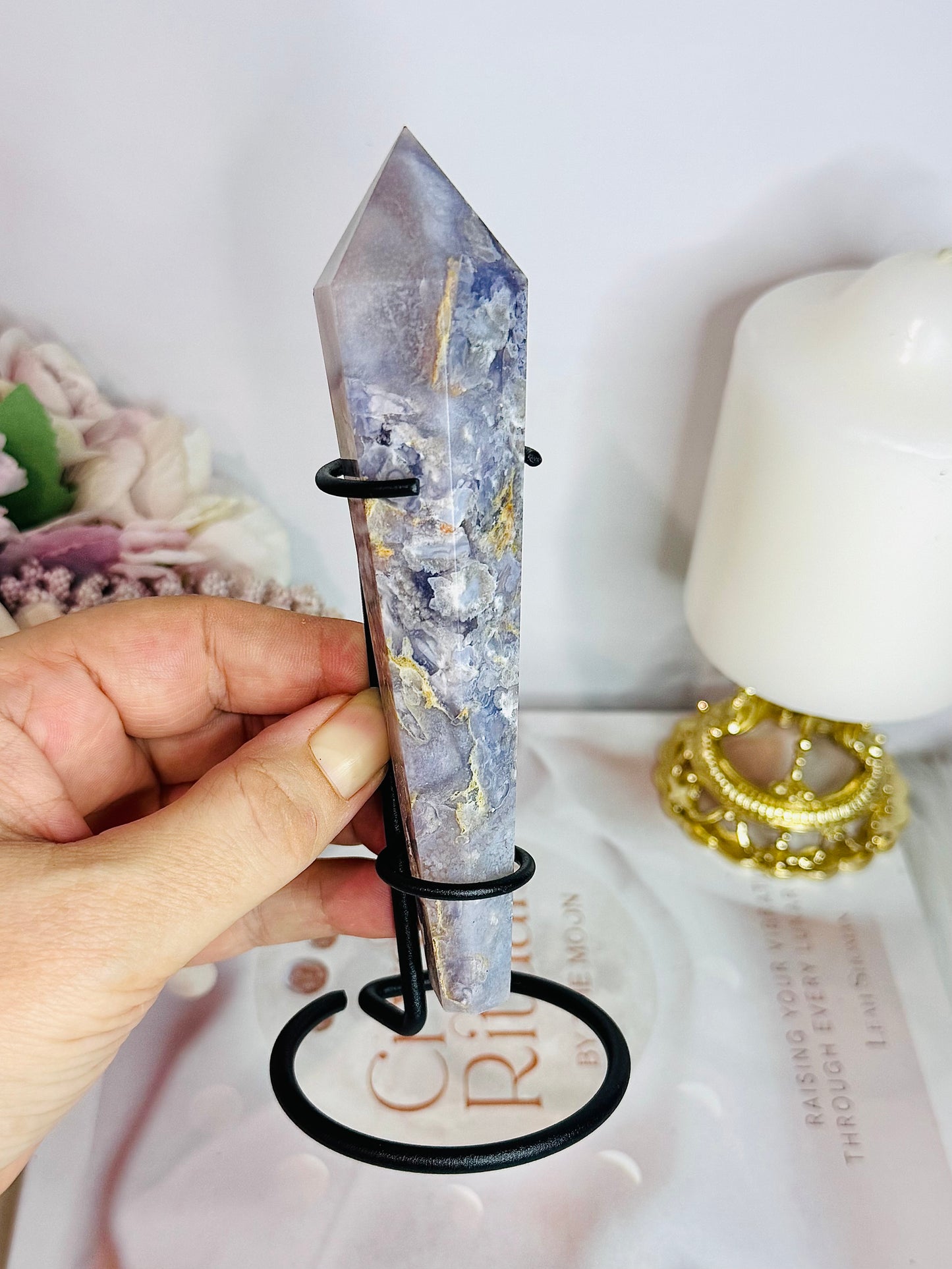 Gorgeous Blue Agate Wand | Tower on Stand 15.5cm