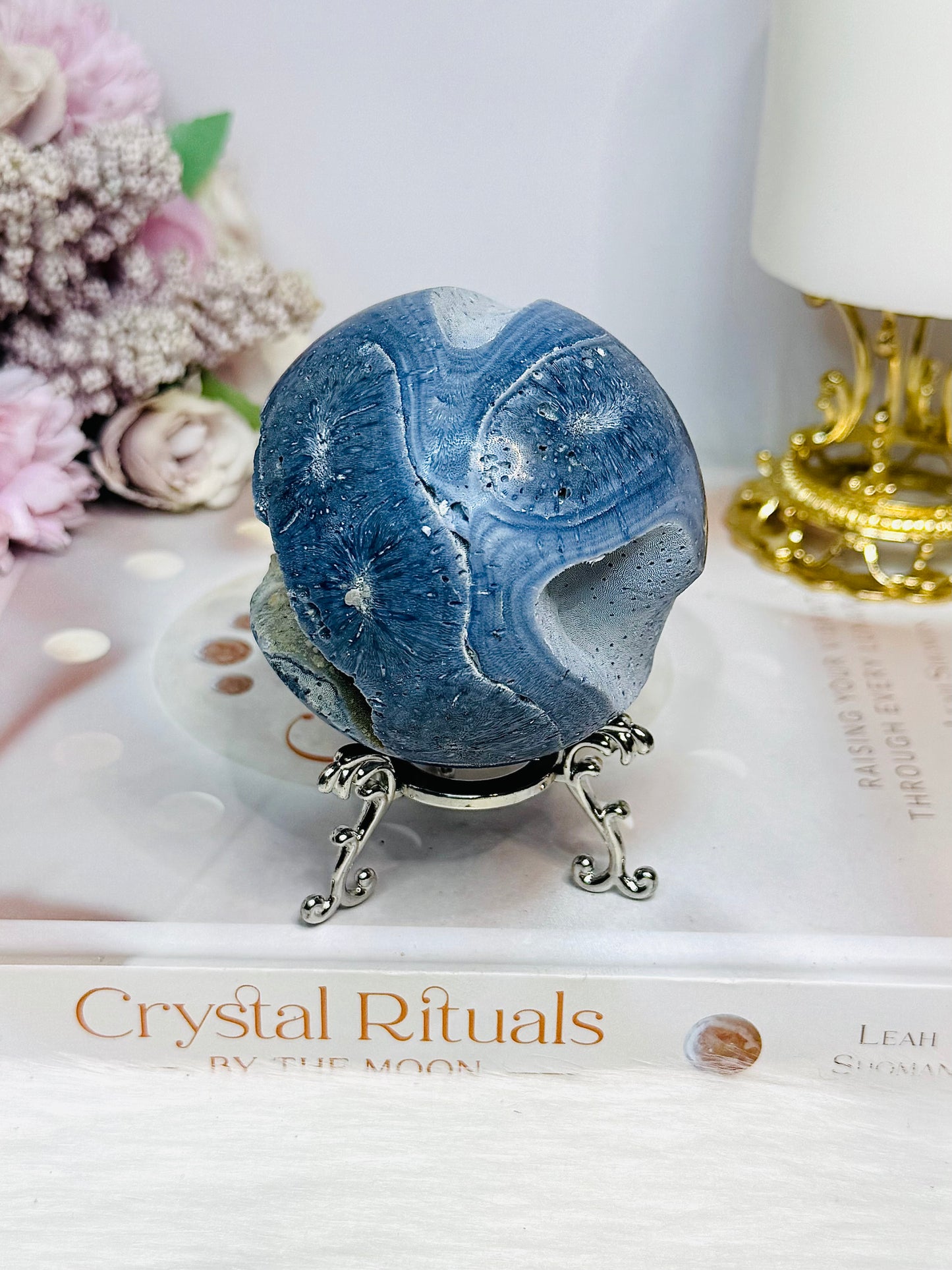 Rare Blue Coral Fossil Sphere on Stand 305g