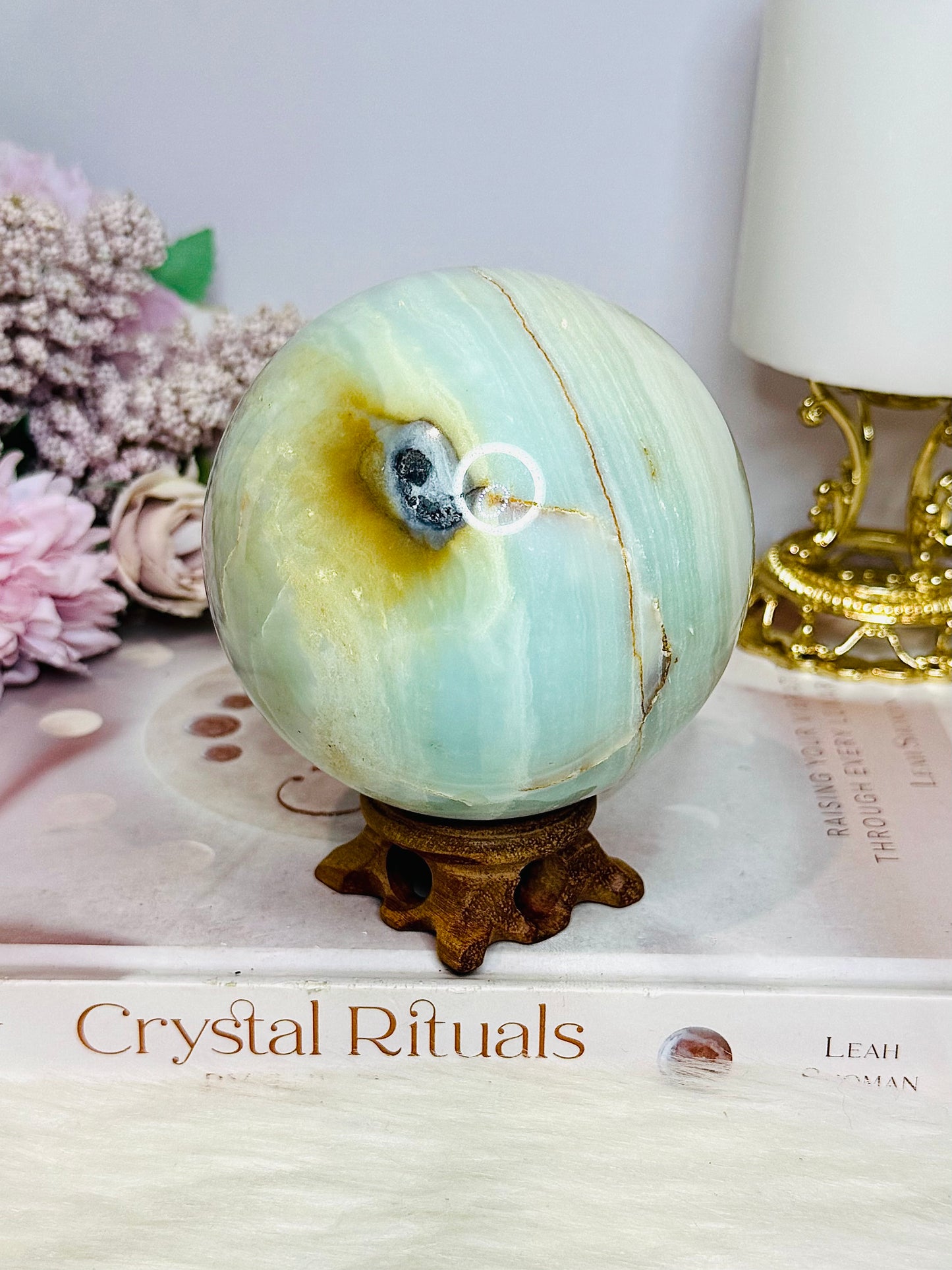 Large Caribbean Calcite Sphere 829g On Stand