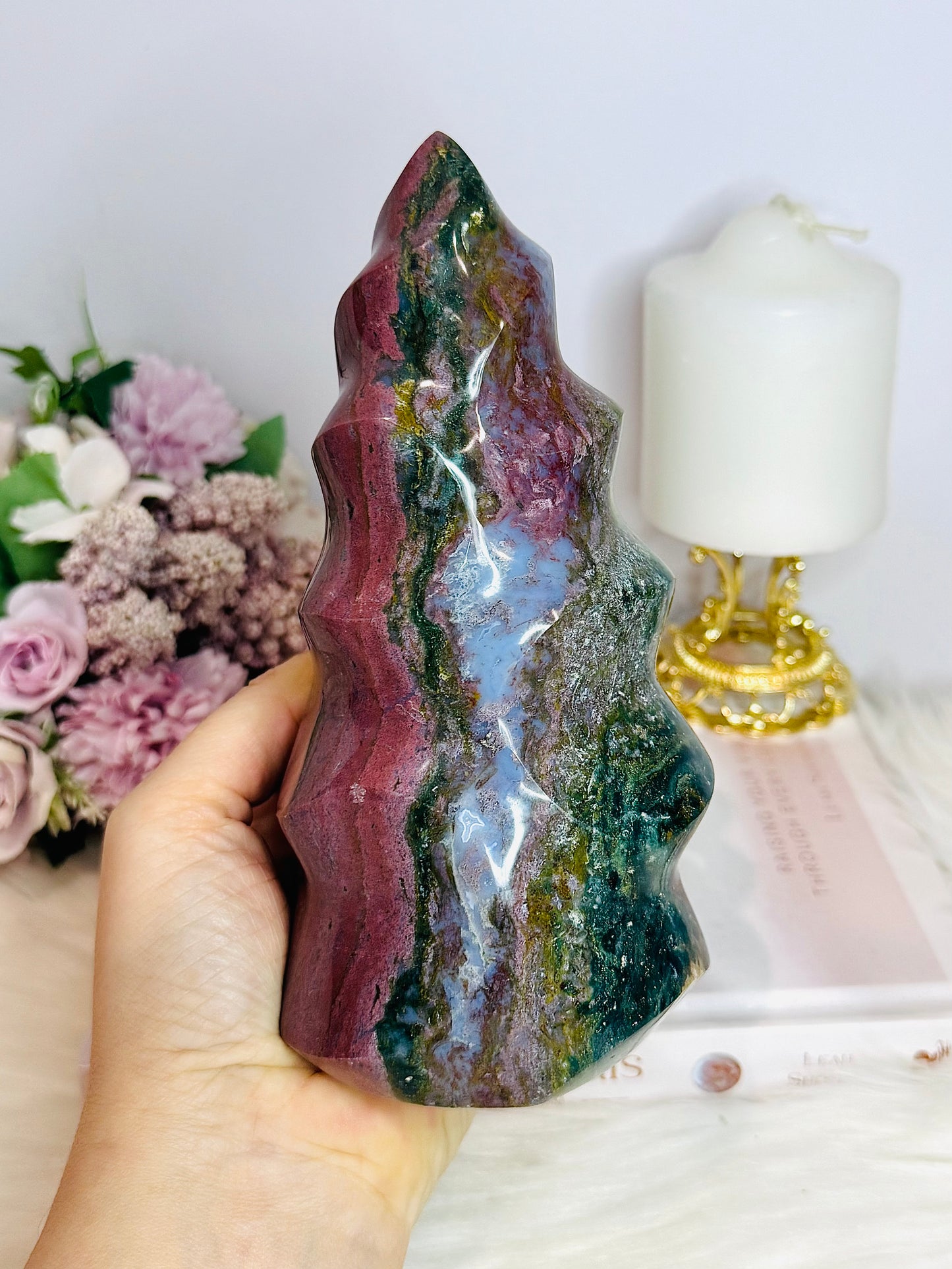 Huge High Grade Ocean Jasper Carved Flame 18cm 1.3KG