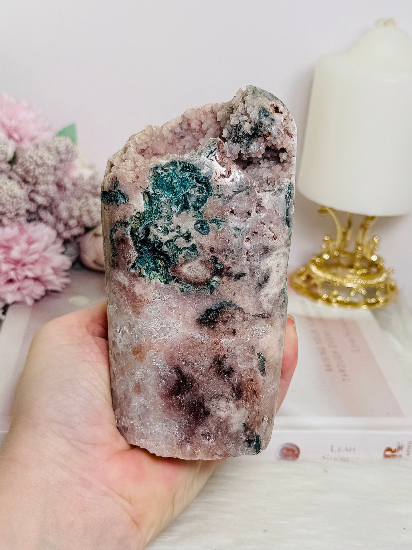 Large Natural Pink Amethyst Freeform with Moss Agate Inclusions 775g
