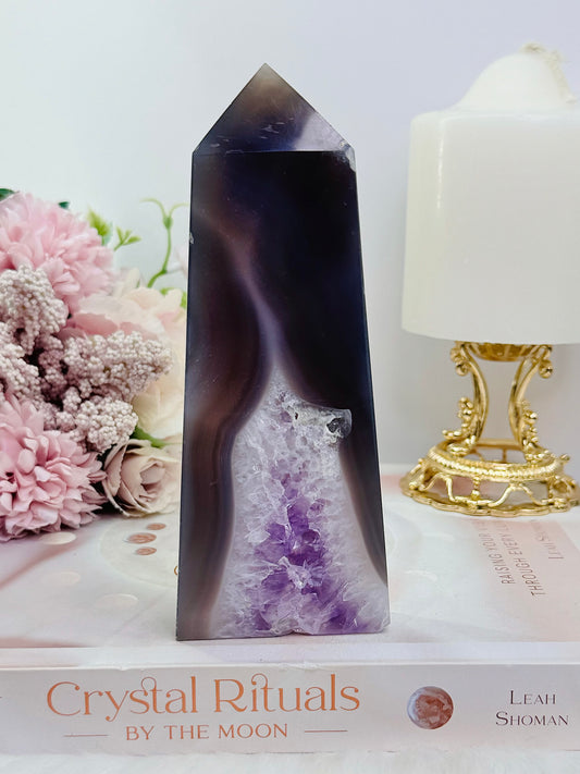 Incredible Large Chunky 15cm Druzy Amethyst Agate Carved Tower