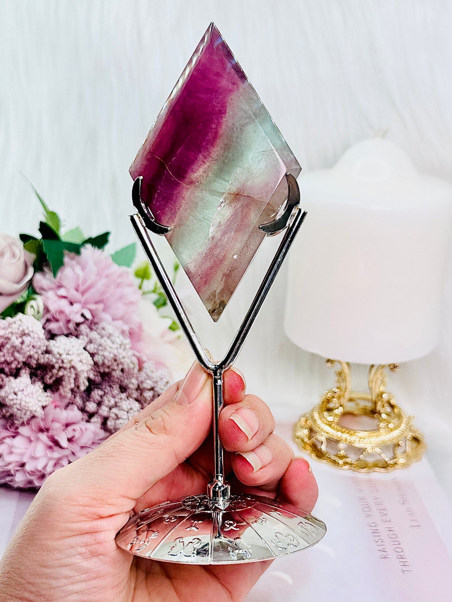 Classy & Fabulous Large 16.5cm Rainbow Fluorite Diamond | Rhombus On Silver Stand