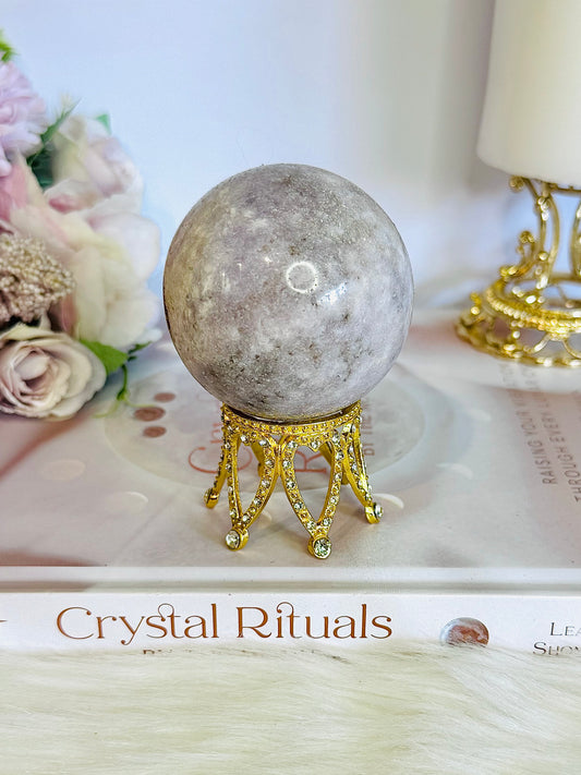 Natural Pink Amethyst Carved Sphere with Green Jasper Druzy on Gold Crown Stand