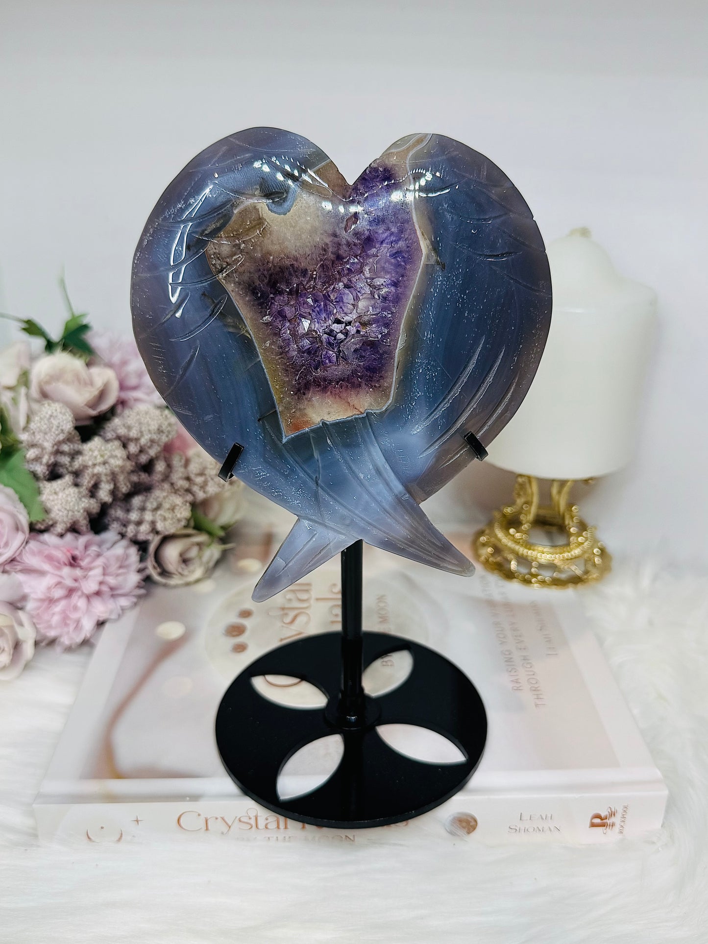 Large Amethyst Druzy Agate Heart on Stand 551g