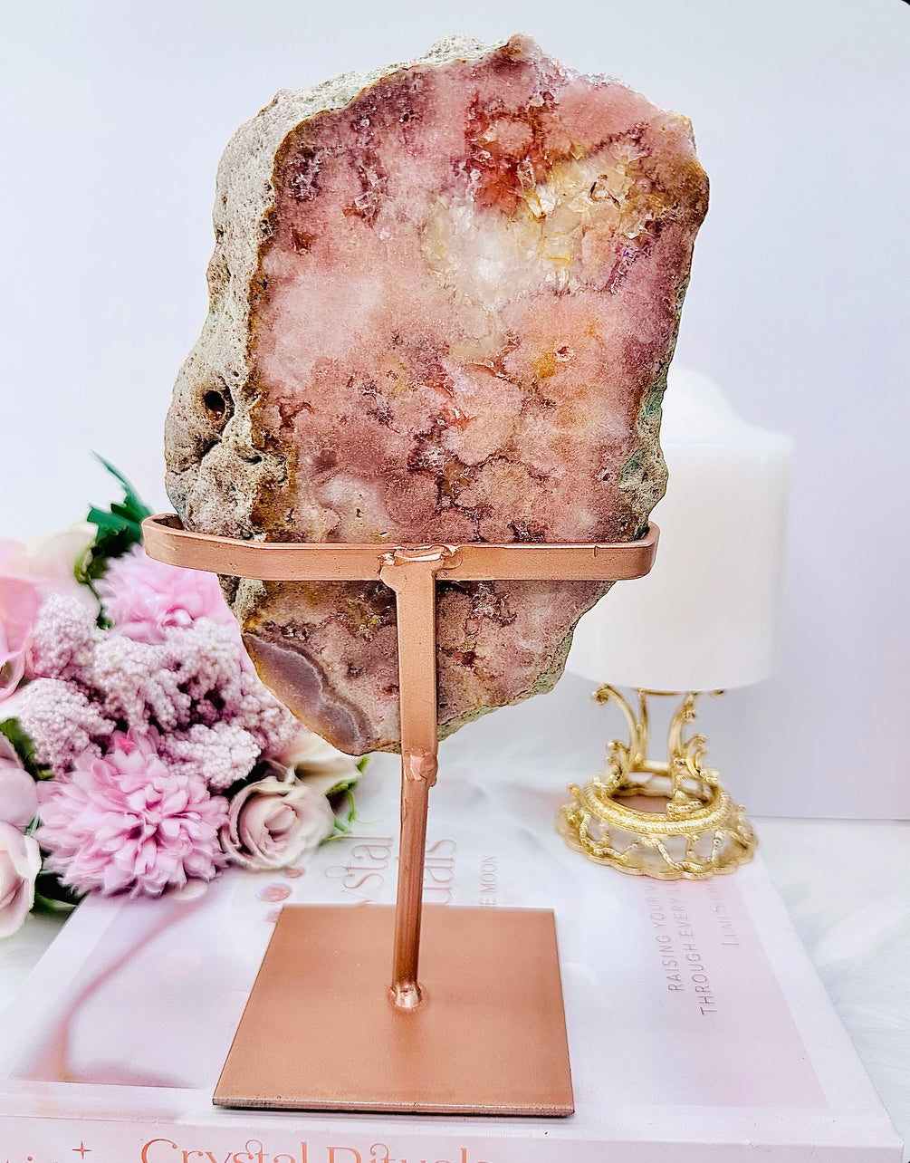 Classy & Fabulous Large Natural 22.5cm (inc stand) Pink Amethyst Druzy Slab On Rose Gold Stand From Brazil