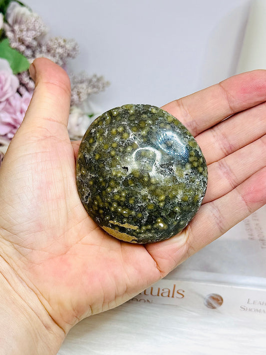 Large Orbicular Ocean Jasper Palm Stone