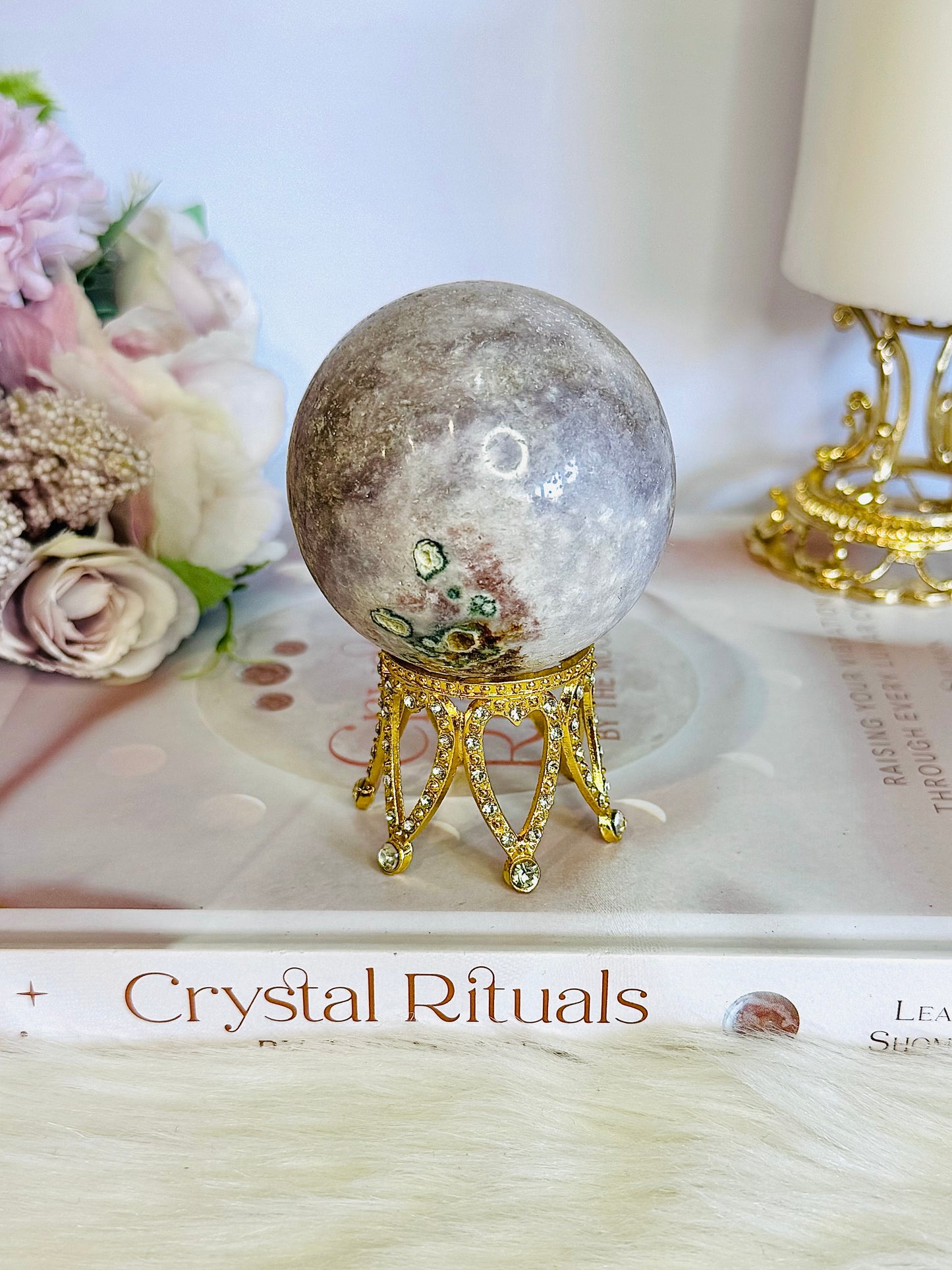 Natural Pink Amethyst Carved Sphere with Green Jasper Druzy on Gold Crown Stand