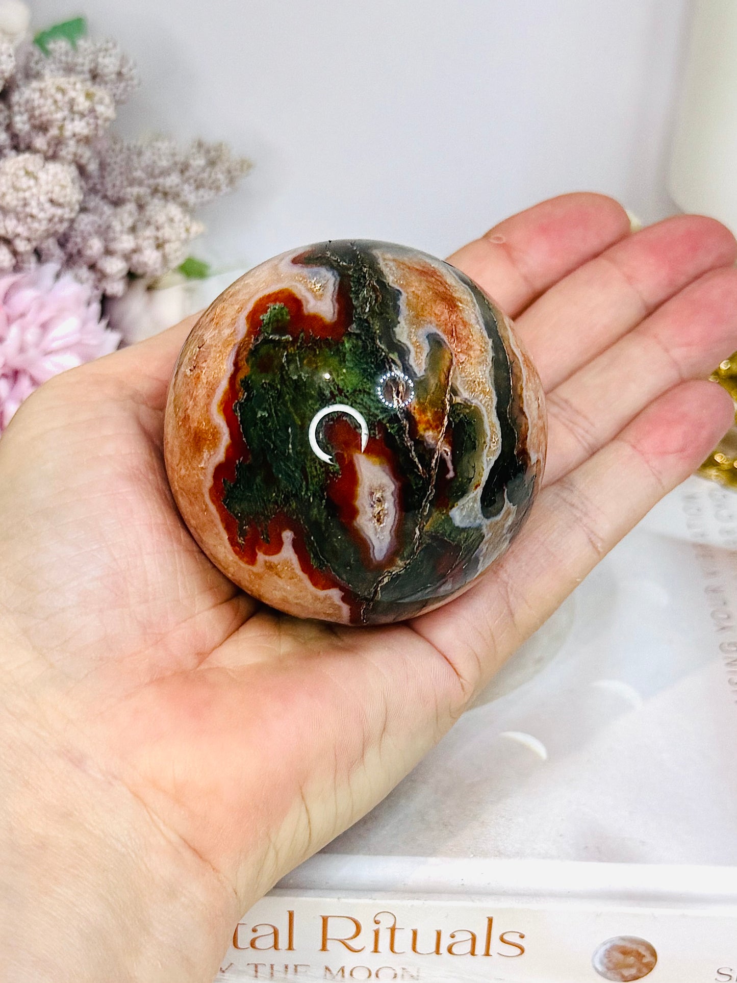 Red Moss Agate Sphere On Stand 331g
