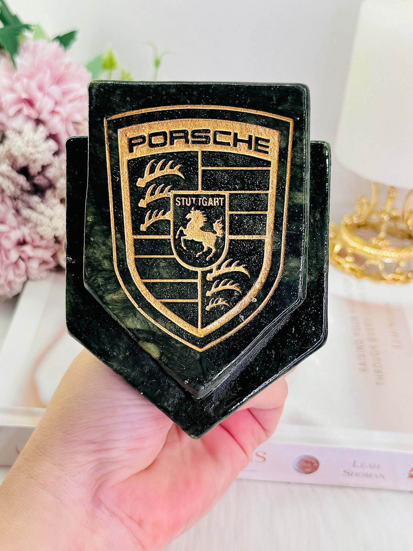 Incredible Large 435gram Green Jade Carved PORSCHE Plaque