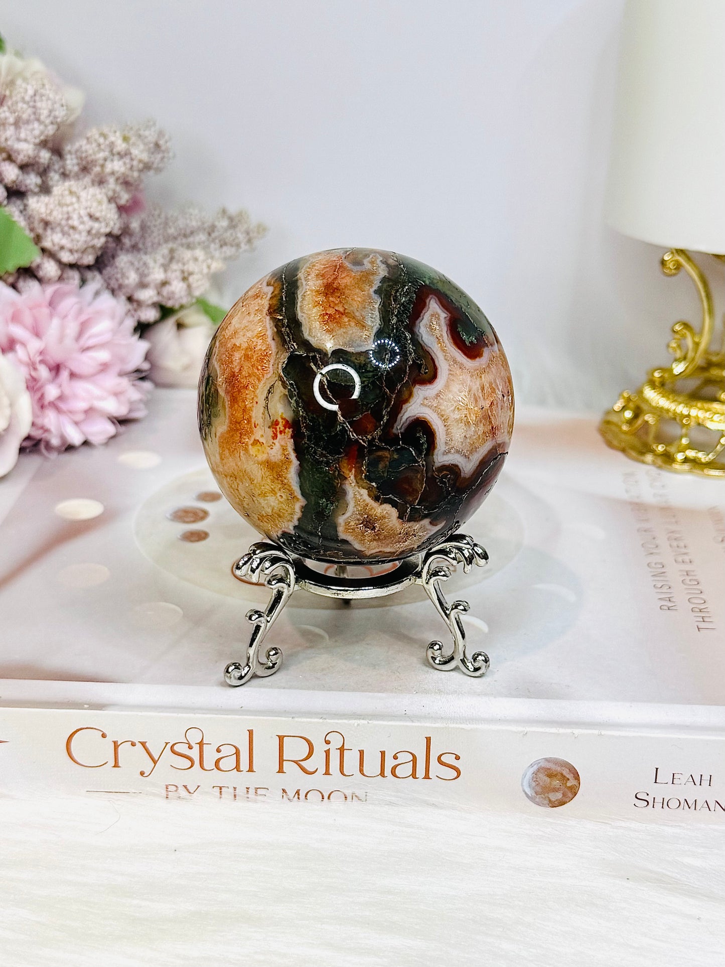 Red Moss Agate Sphere On Stand 331g